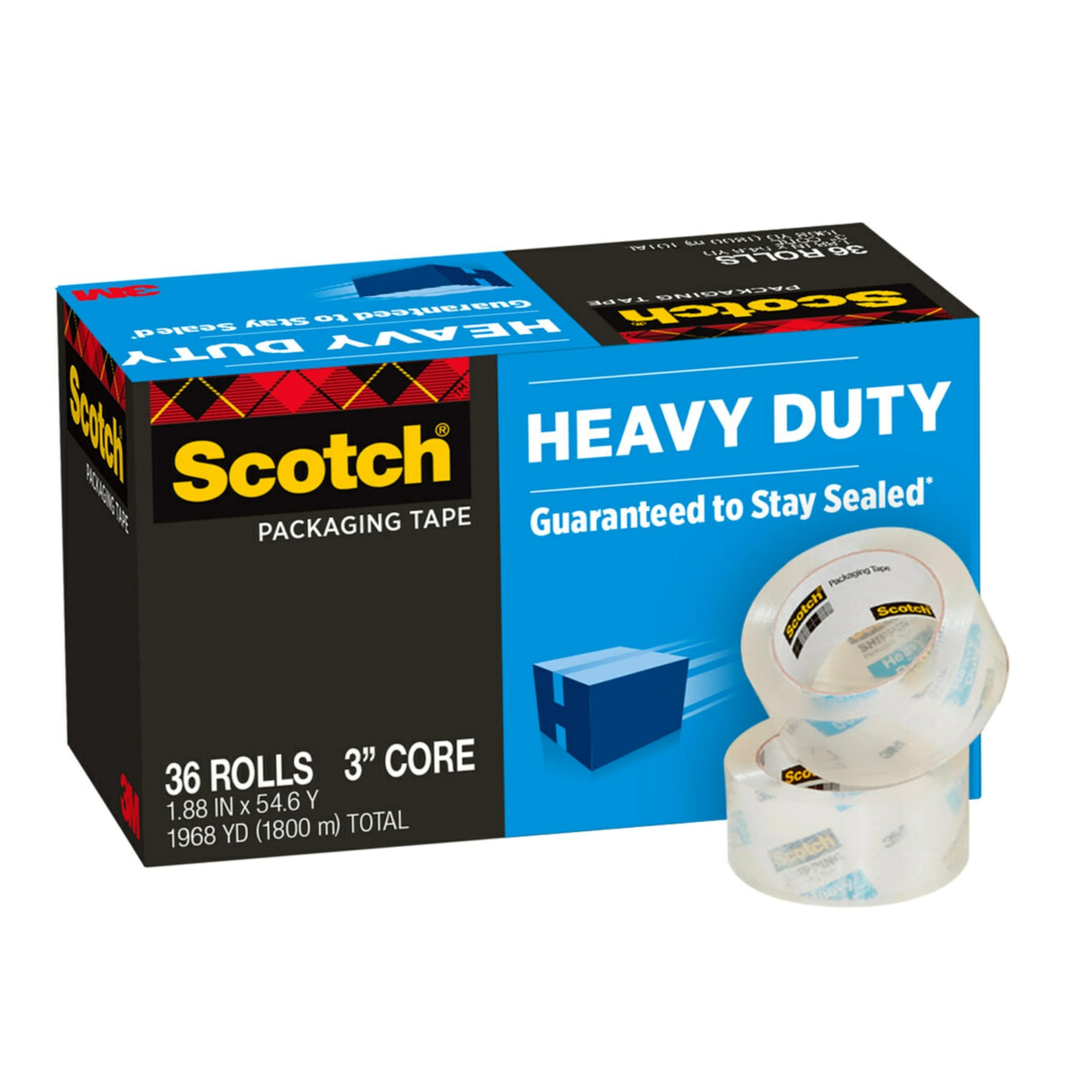 Scotch Heavy Duty Shipping Packing Tape - 1.88 Inch x 54.6 Yard, 36 Rolls Clear Packaging Tape for Boxes, Moving & Mailing Supplies | Ideal for Shipping, Storage & Home Moving
