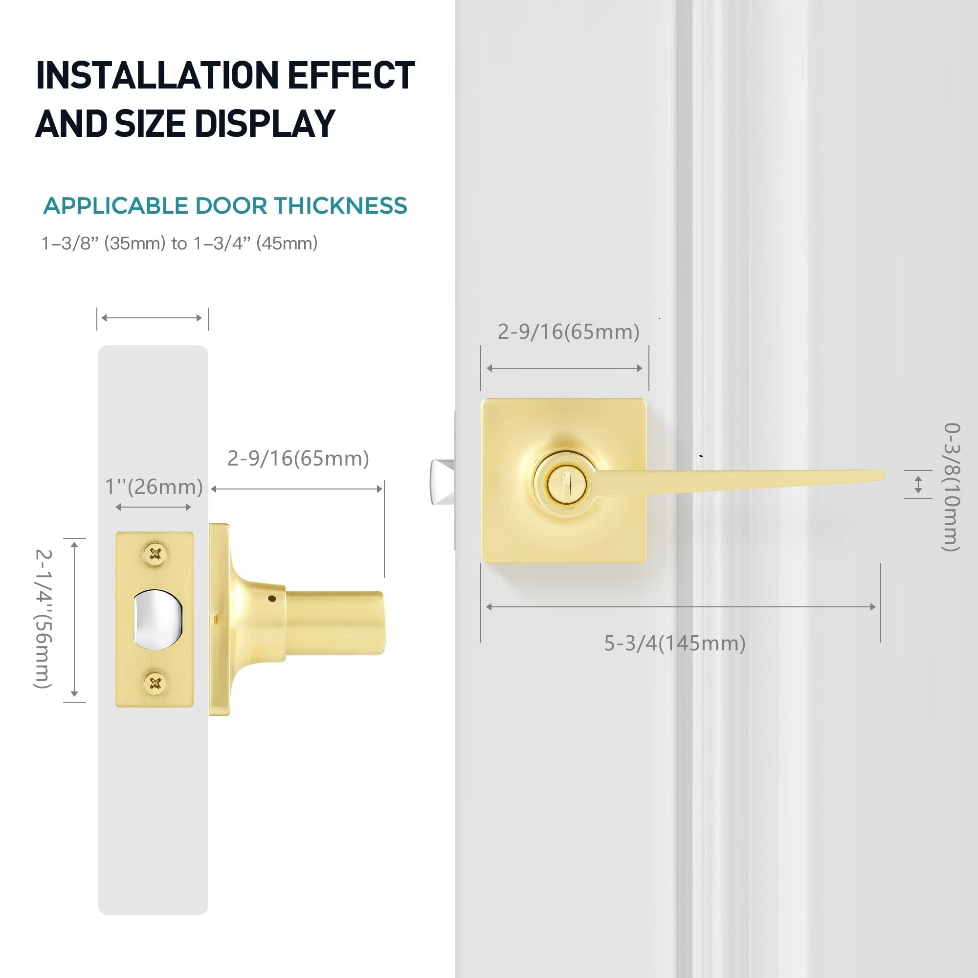 10-Pack Gold Square Privacy Door Handles - Reversible for Bedroom & Bathroom
