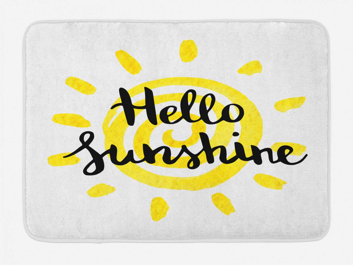 Ambesonne Hello Sunshine Bath Mat - Non-Slip Plush Bathroom Rug with Spiral Sun Watercolor Design, Hand Lettering, 30.2 x 20 Inches, Yellow & Charcoal Grey - Perfect for Bathroom Decor, Shower Mats, and Cozy Home Accessories
