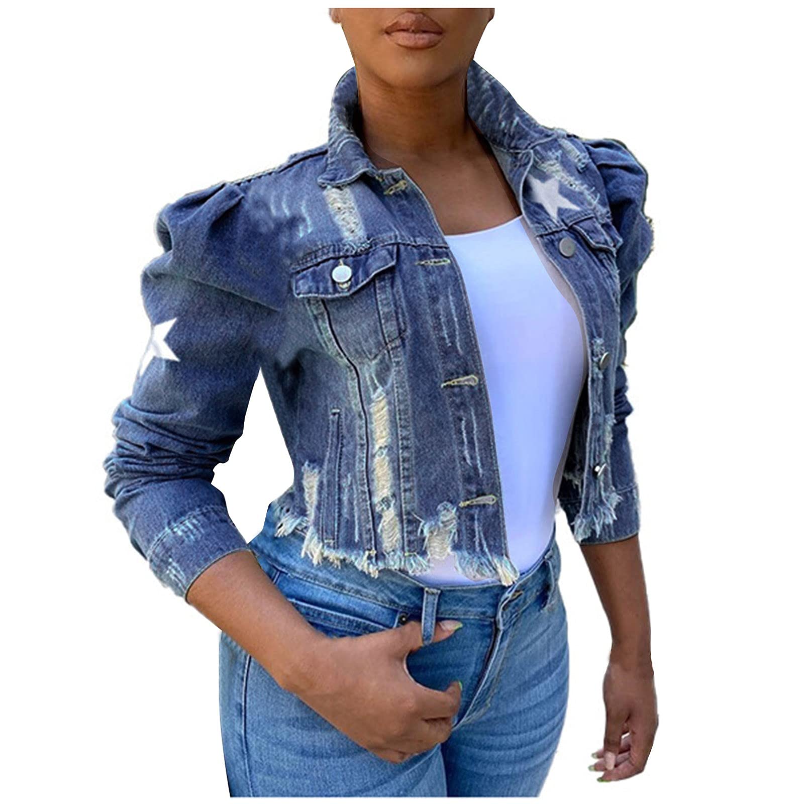 SERYU Women's Ripped Denim Jacket with Puff Sleeves - Frayed Slim Fit Cropped Jean Jacket for Women | Casual Outfits, Streetwear, Spring & Fall Fashion