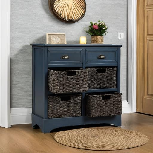 Rustic Storage Cabinet with 2 Drawers & 4 Fabric Baskets - Farmhouse Entryway Organizer, Kitchen Storage Solution, Living Room Accent Furniture in Antique Navy | Perfect for Entryway Shoe Storage, Kitchen Pantry Organization & Living Room Decor