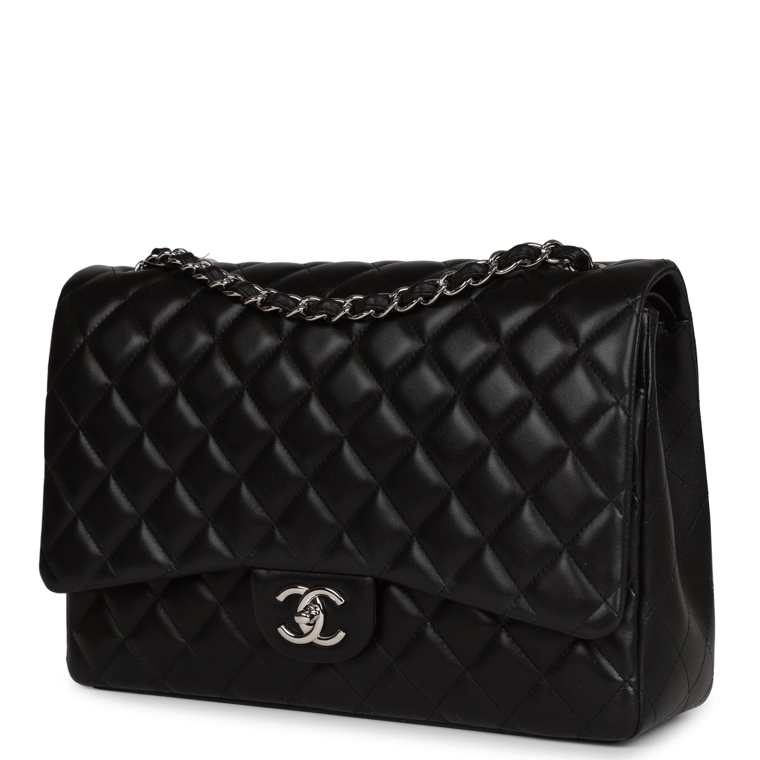 Chanel Maxi Classic Double Flap Bag Black Lambskin Silver Hardware - Luxury Designer Handbag for Women, Perfect for Evening Events & Special Occasions