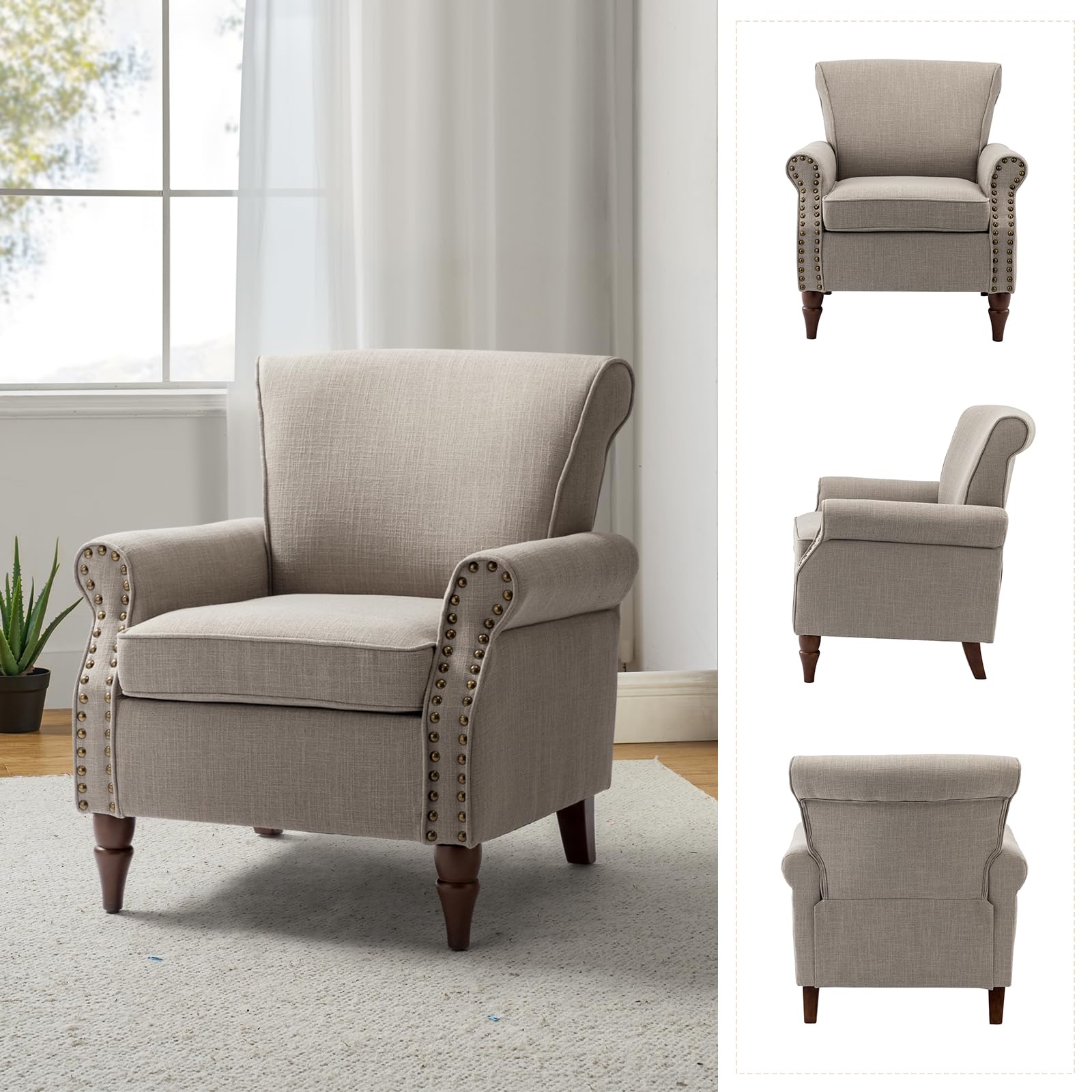 TINA'S HOME Modern Accent Chairs Set of 2 - Wooden Legs & Nailhead Trim Fabric Upholstered Armchairs with Removable Cushions - Living Room, Bedroom, Office Lounge Seating - Grey Club Chairs for Home Decor & Relaxation