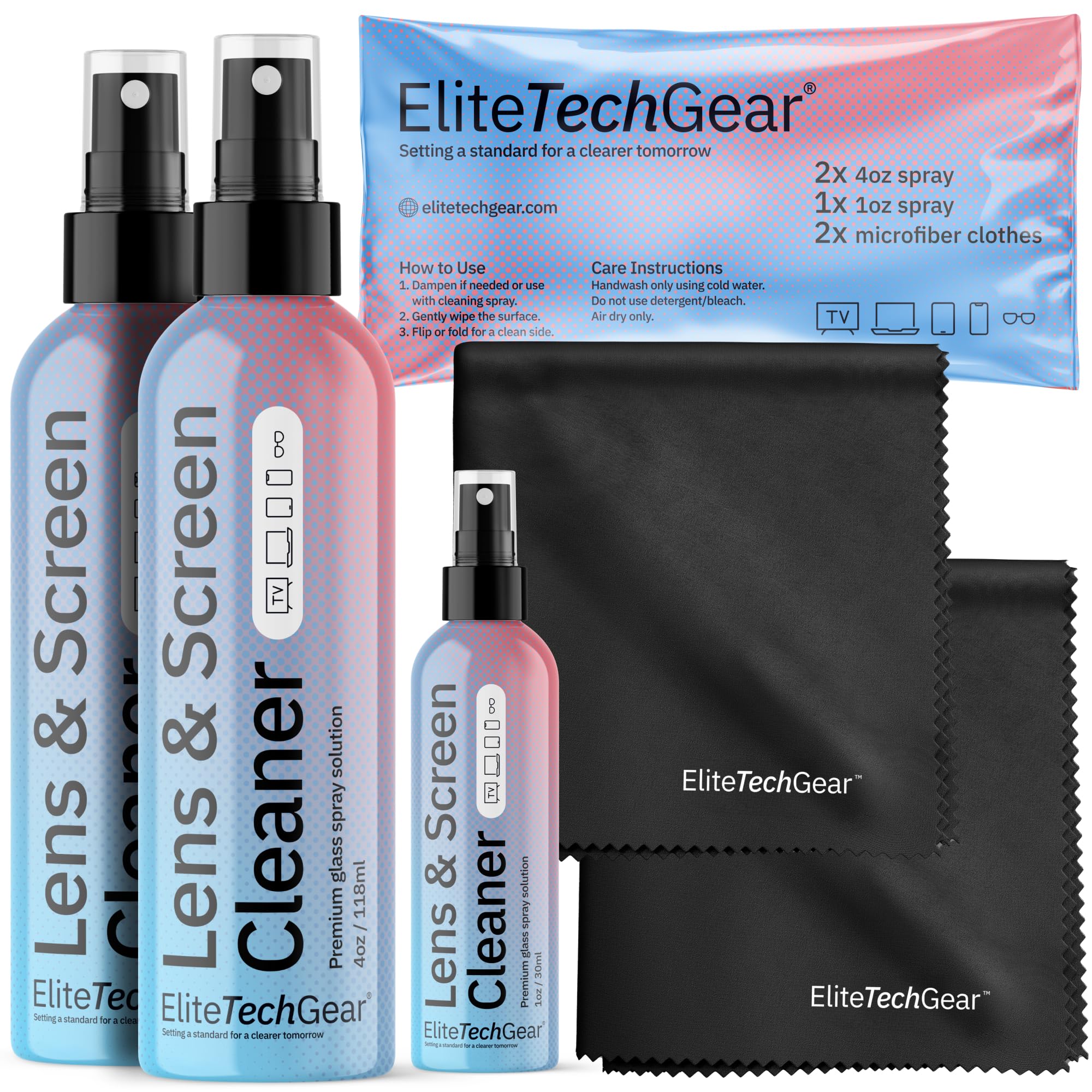 Premium 5-Piece Glasses & Screen Cleaning Kit – 3 Lens Cleaner Sprays (2X 4oz + 1oz) & 2 Microfiber Cloths – Alcohol-Free Solution for Eyeglasses, Sunglasses, Phones & Electronics – Perfect for Home, Office & Travel Use