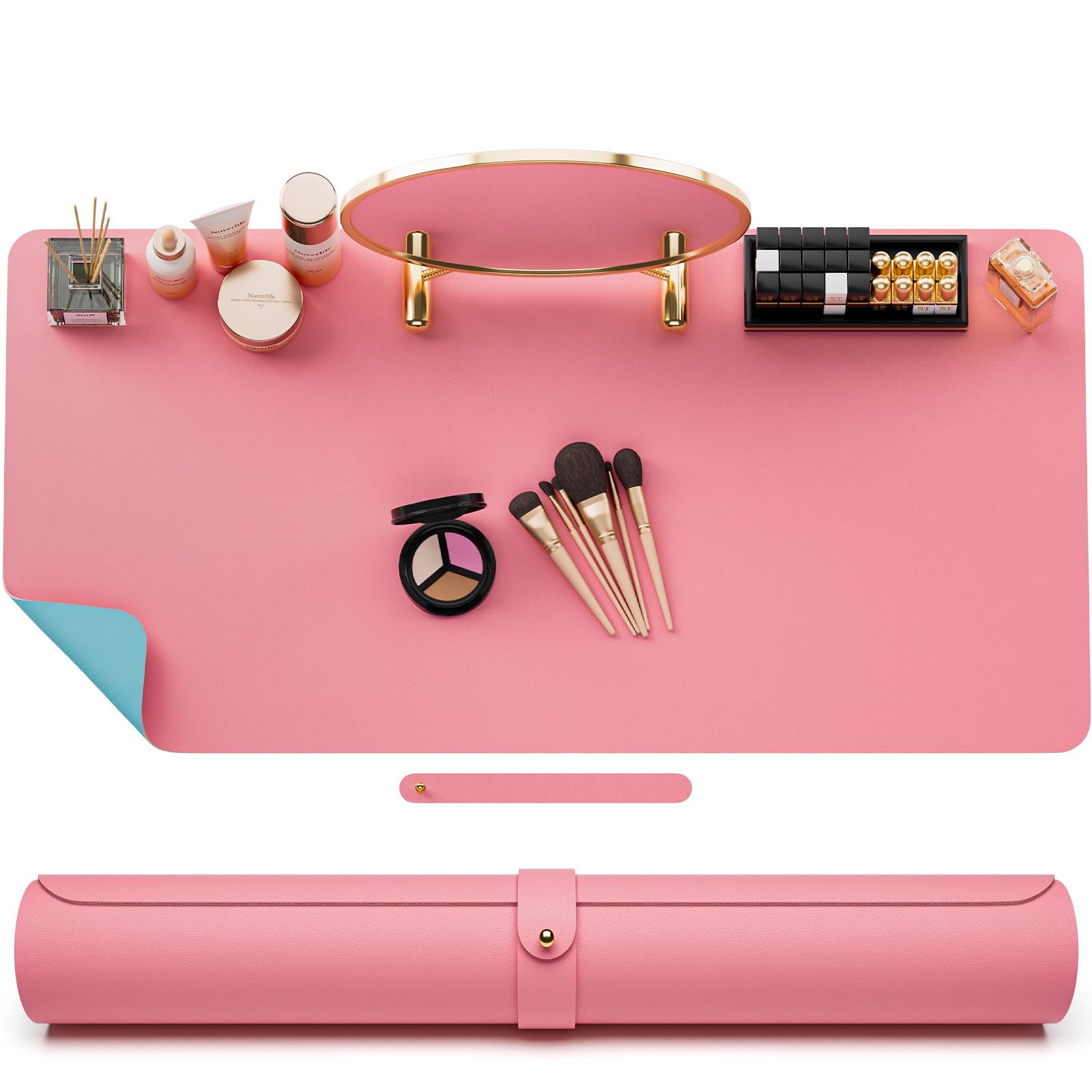 **Noverlife Large Waterproof Makeup Mat - Dual-Sided Vanity Protector & Nail Art Table Mat (31.5x15.7in) - Oilproof Leather Desk Pad for Beauty Essentials, Blue & Pink - Perfect for Dressing Tables, Salon Stations & Crafting**