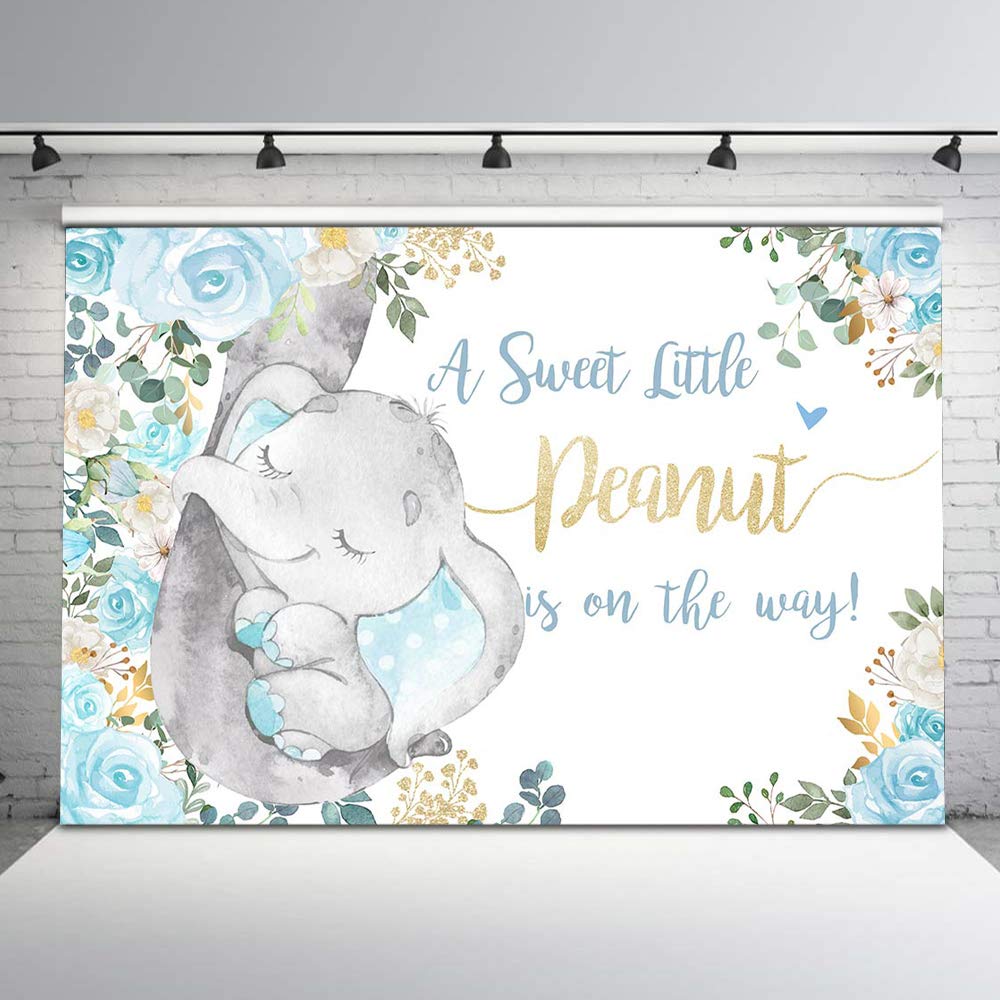 Avezano Blue Floral Jungle Elephant Baby Shower Backdrop - 10x8ft Vinyl Blue & Gold Elephant Theme Party Decor for Boys | Perfect for Baby Showers, Gender Reveals & Nursery Photo Shoots