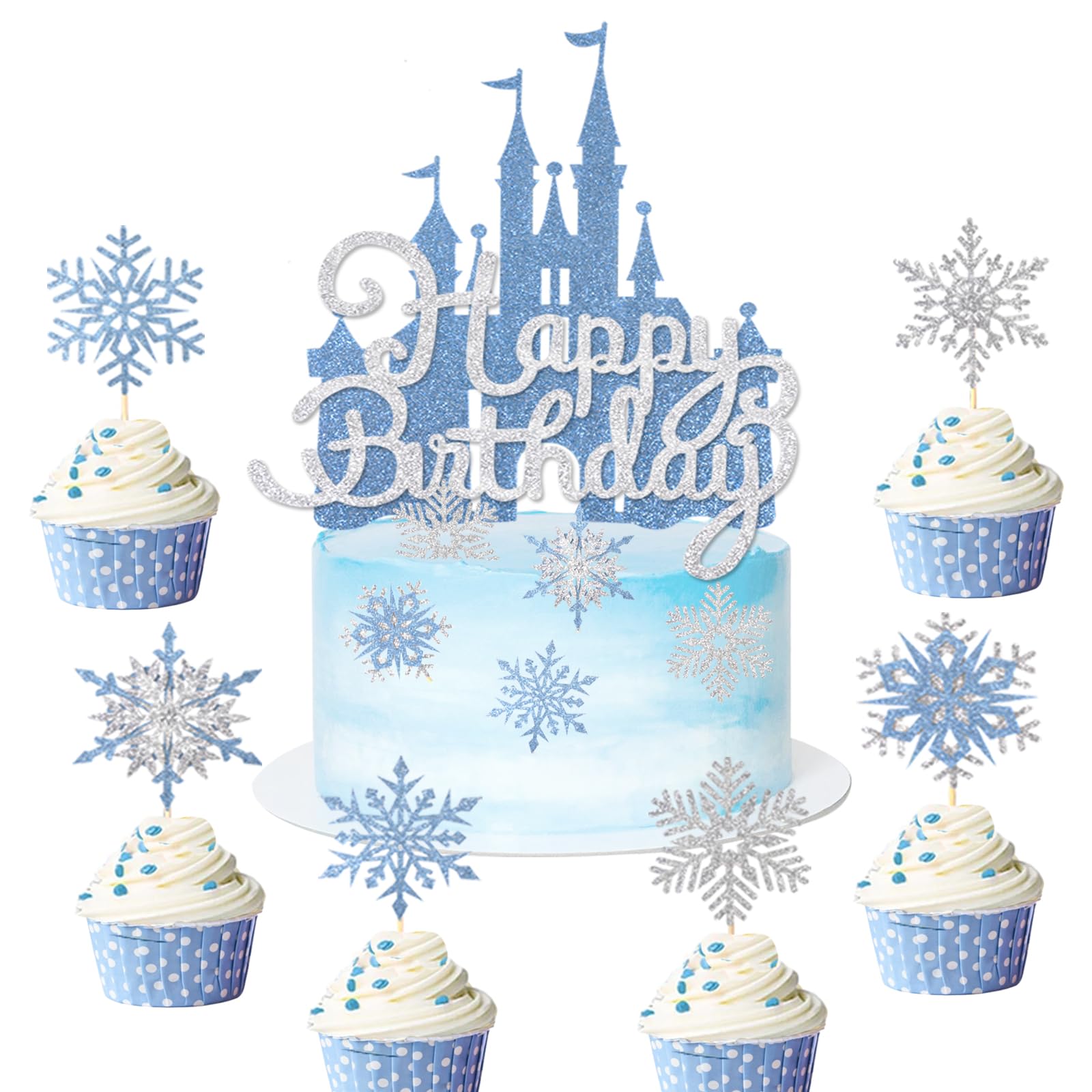 26Pcs Silver Blue Snowflake Cake Toppers - Double Layer Ice Castle Cupcake Decorations for Winter Wonderland Theme, Birthday, Baby Shower & New Year Party Supplies | Perfect for Princess Parties, Wedding Cakes & Holiday Celebrations