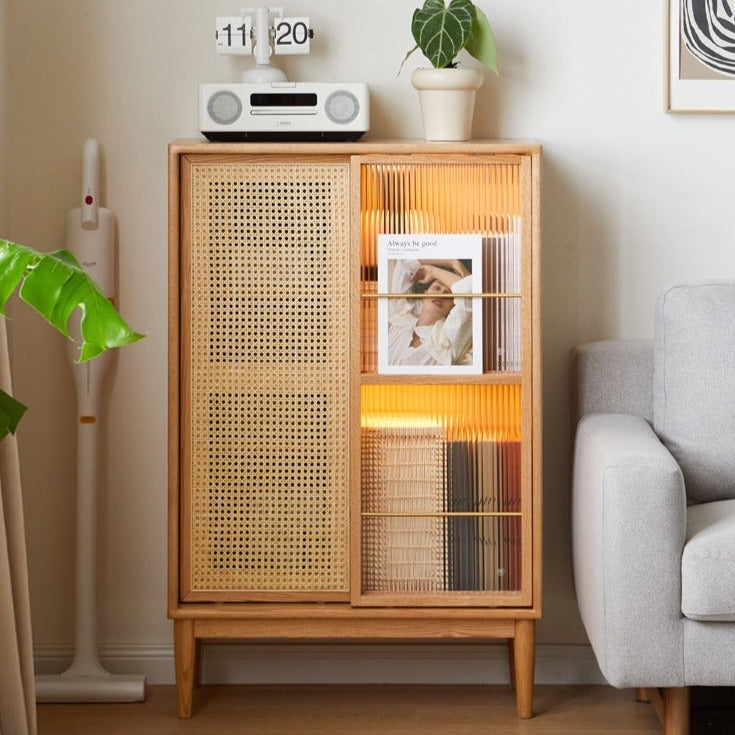 Solid Oak Wood Sliding Door Storage Cabinet with LED Lights - Modern Sideboard for Living Room, Bedroom & Entryway Organization