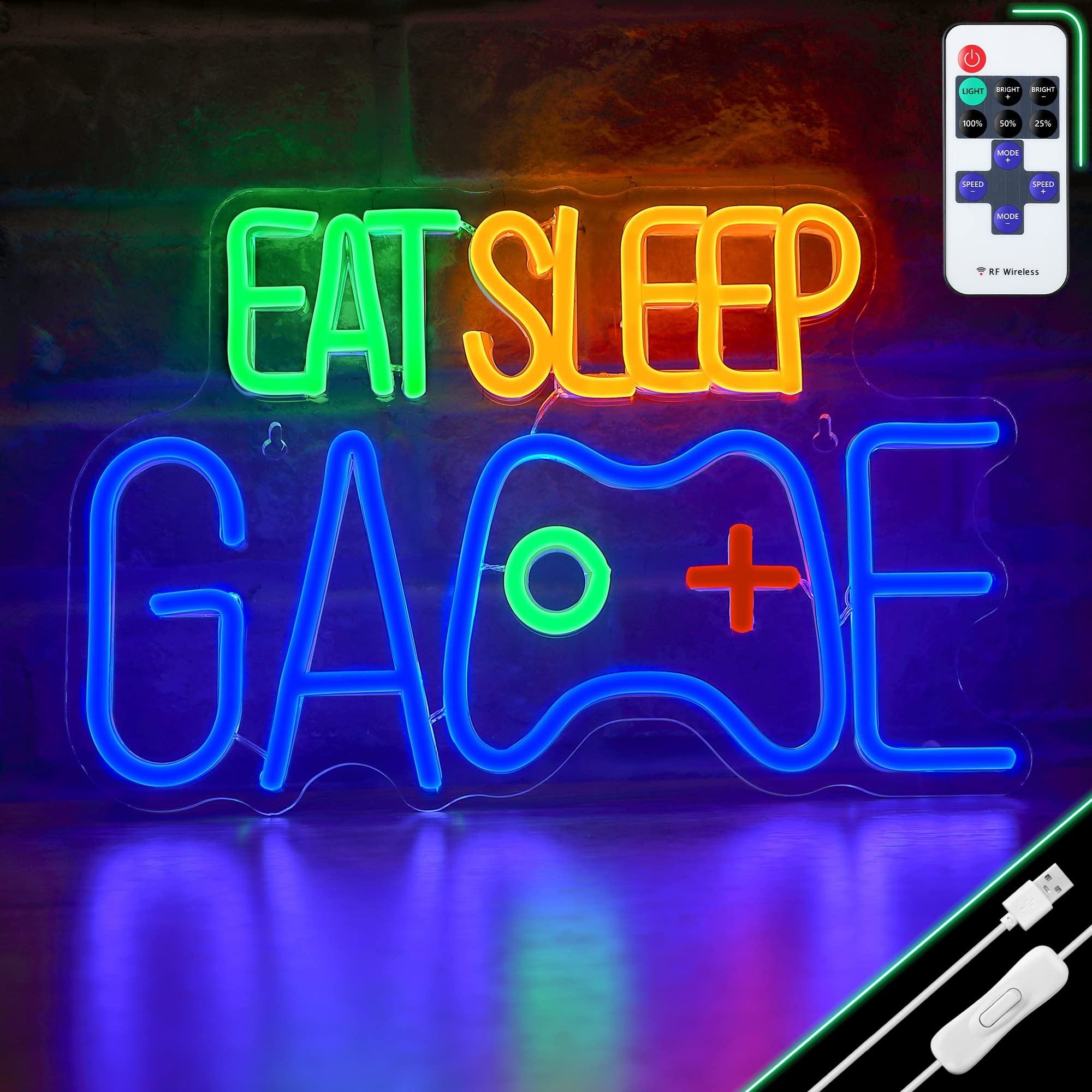 EAT SLEEP GAME Neon Sign - Blue LED Wall Decor for Gamers, Glowing Night Light for Gaming Room & Bedroom - Perfect Gift for Gamer Boys & Girls - Ideal for Game Themed Parties, Streamer Backgrounds & Esports Decor