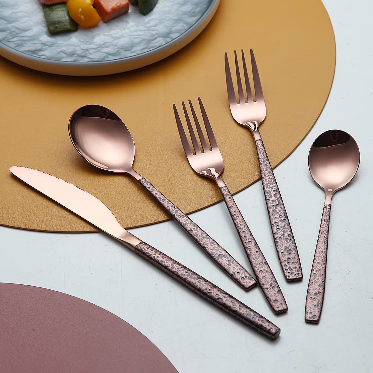 Berglander 20-Piece Silverware Set with Moon Surface Handle & Rose Gold Titanium Plating - Stainless Steel Modern Flatware Set for 4 - Elegant Dinnerware for Holidays, Weddings & Fine Dining
