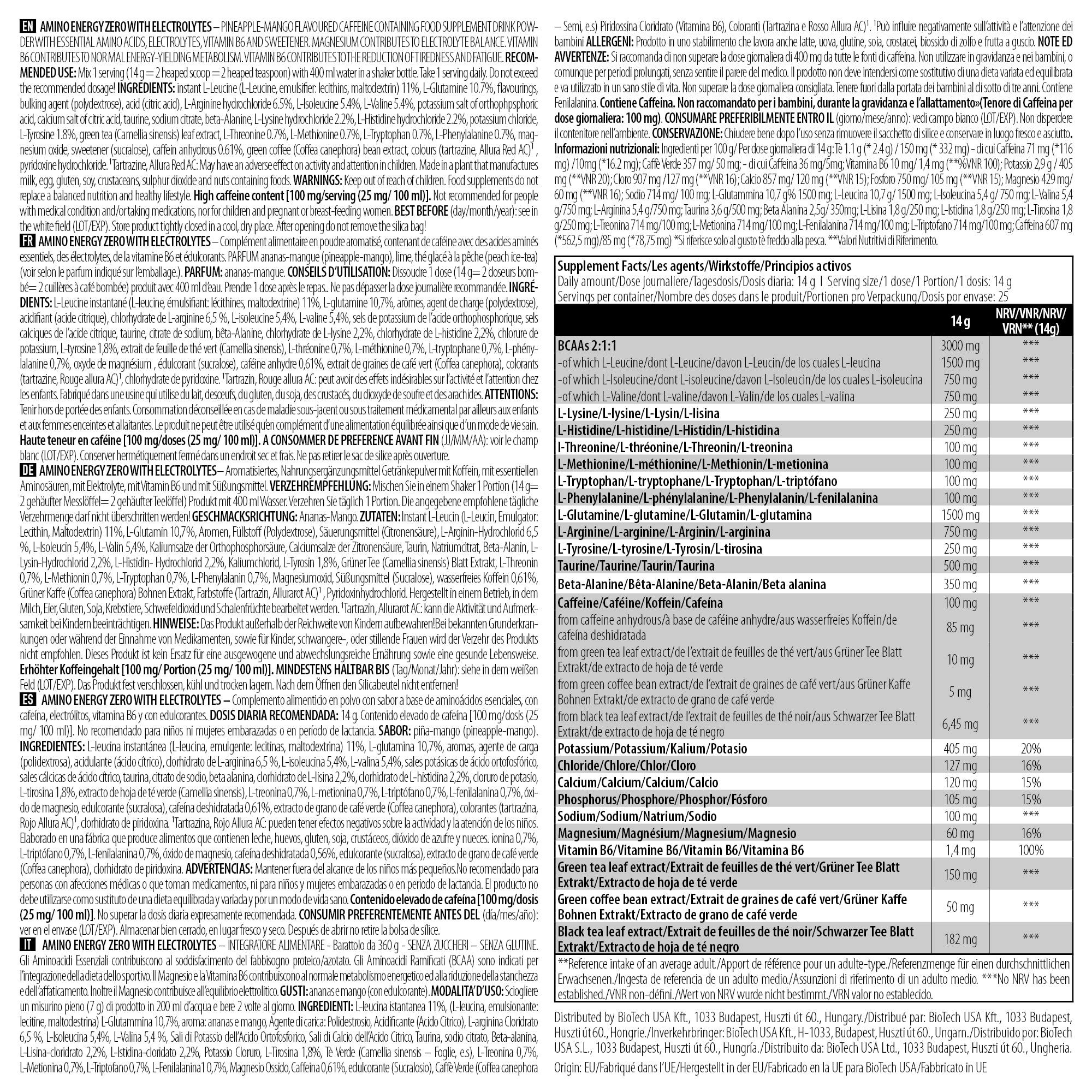 BioTechUSA Amino Energy Zero with Electrolytes - Pineapple Mango Flavor 360g | Pre-Workout & Post-Workout Recovery Drink for Athletes & Fitness Enthusiasts