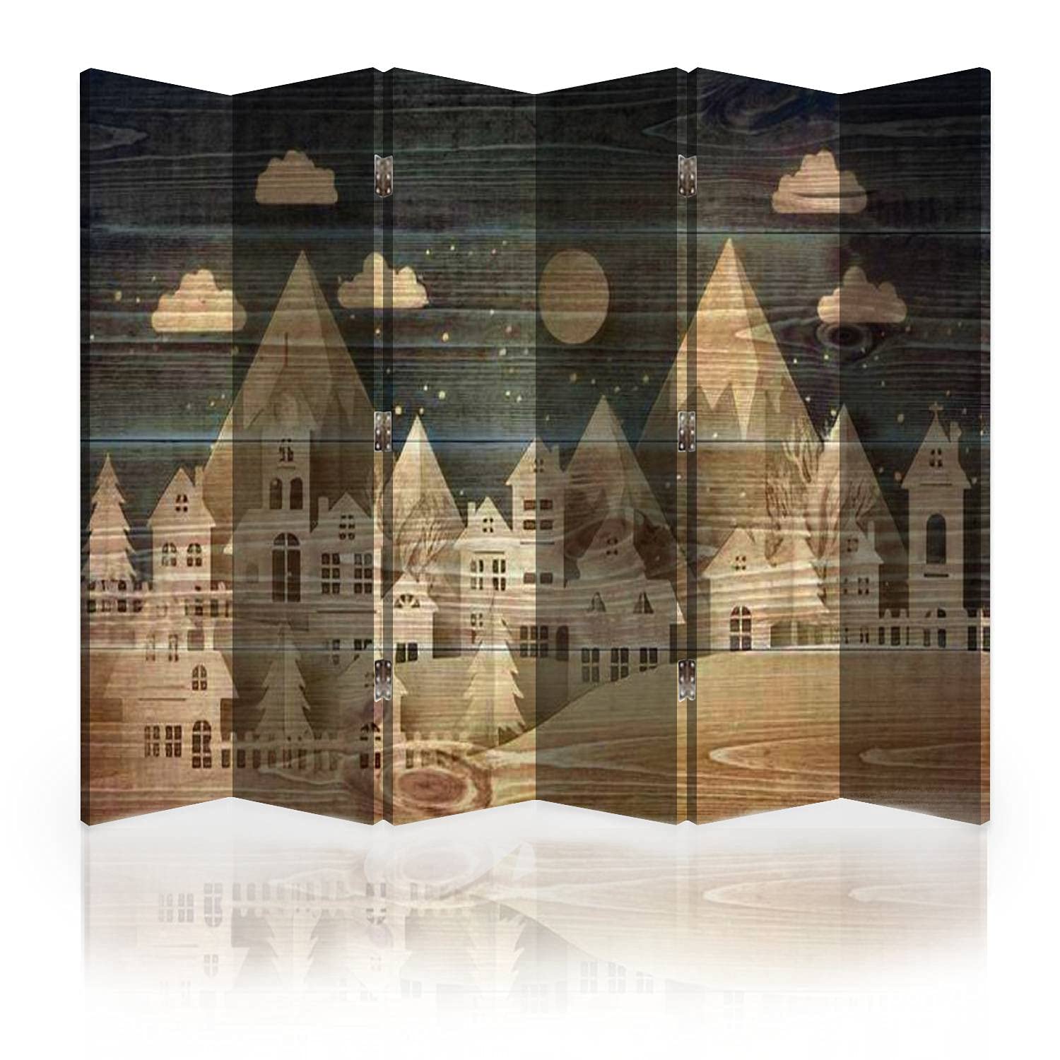 6-Panel Canvas Room Divider Screen - Hand-Painted Cityscape & Countryside with Full Moon Design | Folding Privacy Partition for Living Room, Bedroom & Office | Decorative Wall Separator for Home & Workspace