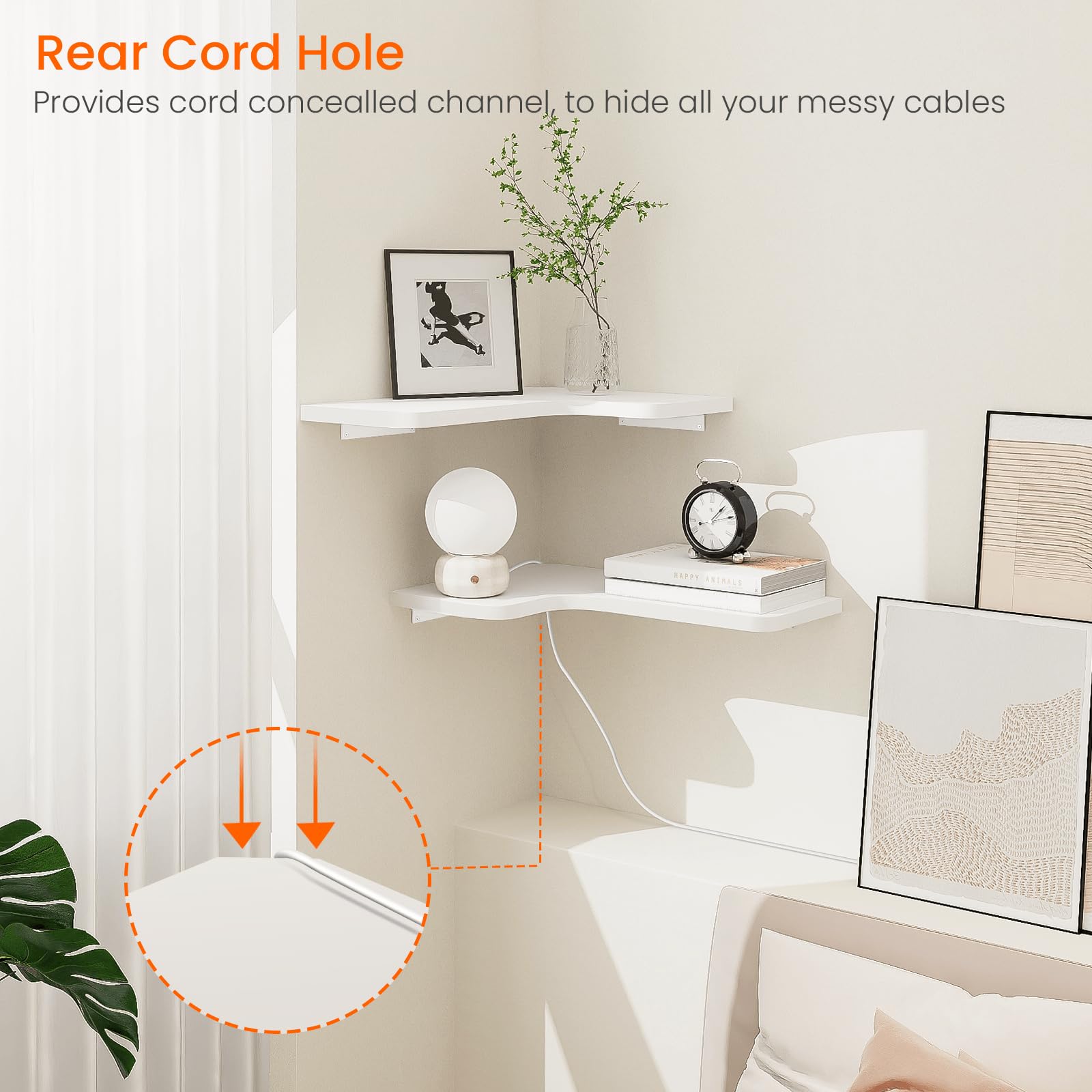 Homode 3-Pack Corner Floating Shelves - L-Shaped Wood Wall Shelves with Wire Hole for Bathroom, Kitchen, Bedroom - White - Perfect for Organizing Toiletries, Spices & Decor Items