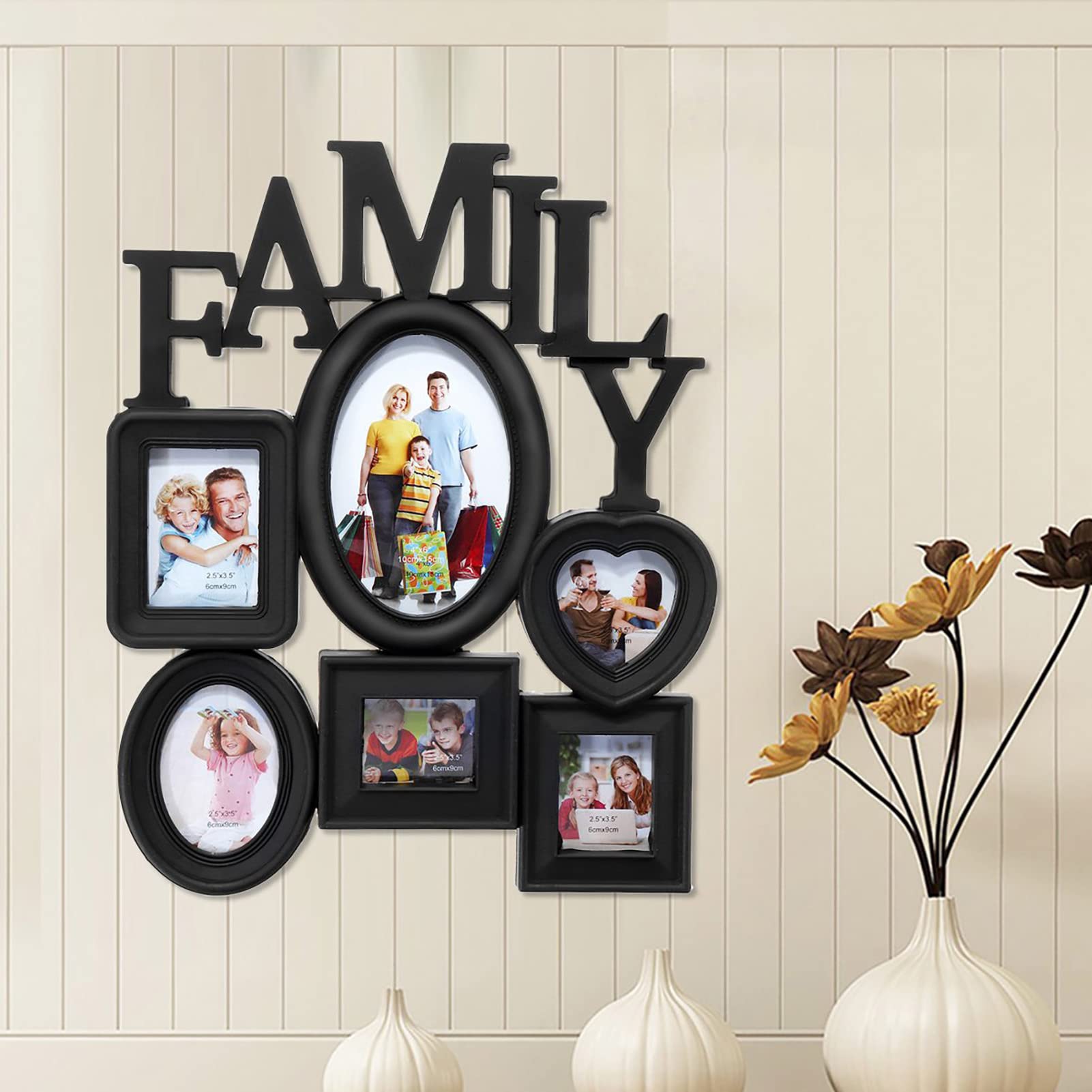 Shulemin Rustic Black Picture Frame Set - 6 Multi-Slot Wall Mounted Photo Frames, Anti-Warp Family Collage Decor for Living Room, Bedroom & Office Display