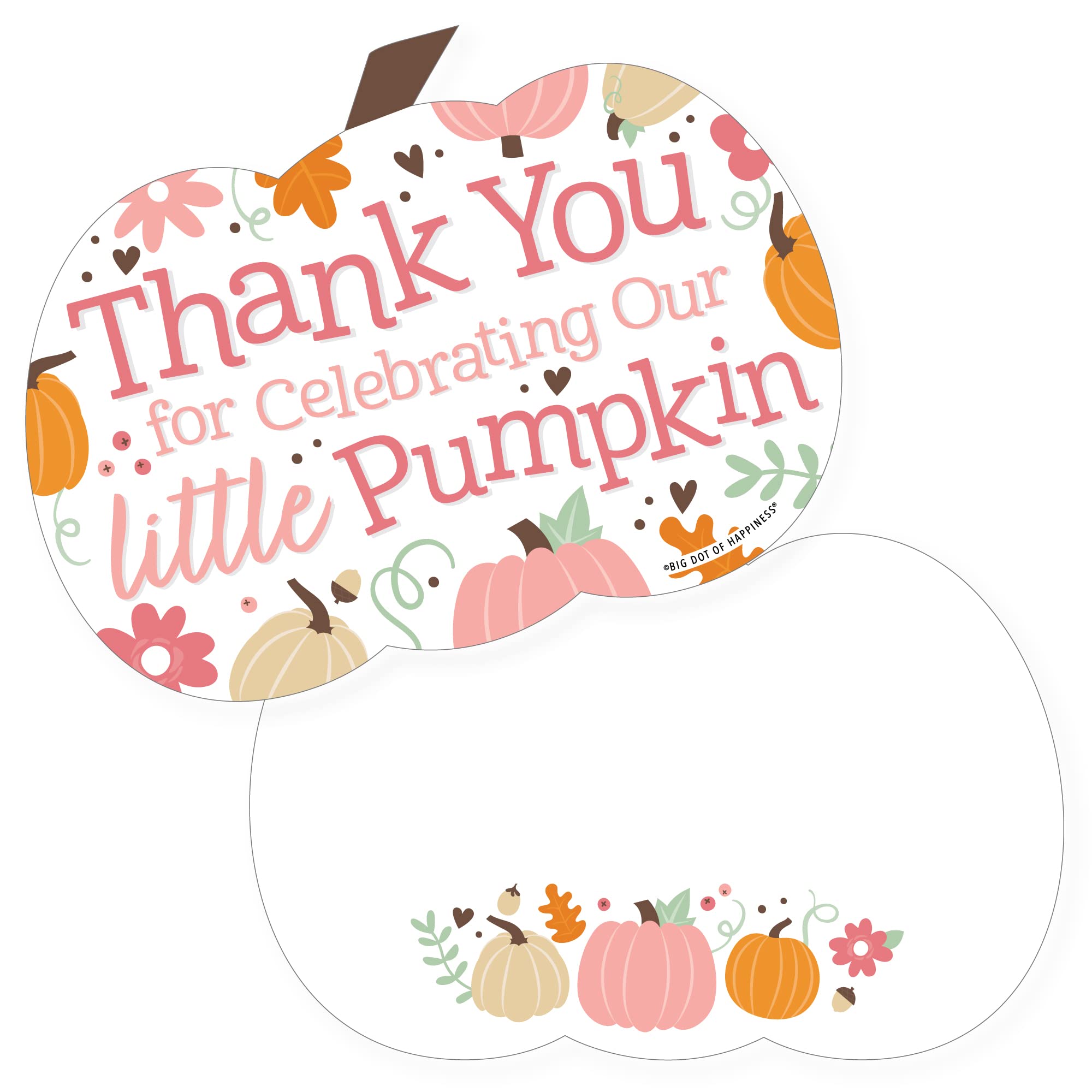 Big Dot of Happiness Little Pumpkin-Shaped Thank You Cards - Set of 12 with Envelopes for Fall Birthday Party, Baby Shower, Thanksgiving & Autumn Celebrations - Cute Girl-Themed Gratitude Notes