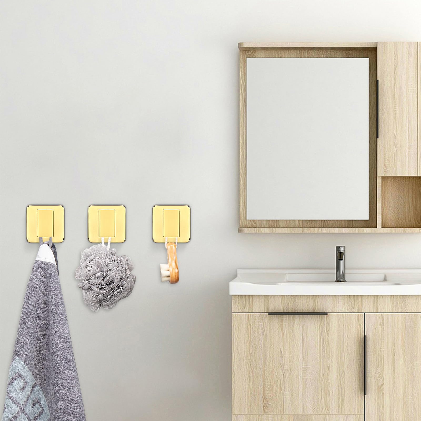 NearMoon Heavy Duty SUS304 Stainless Steel Square Bath Towel Hooks (3 Pack, Chrome Gold) - Wall Mounted Robe & Coat Hangers for Bathroom, Living Room, Hotel, Kitchen & Garage - Perfect for Organizing Towels, Robes and Outerwear in Any Space