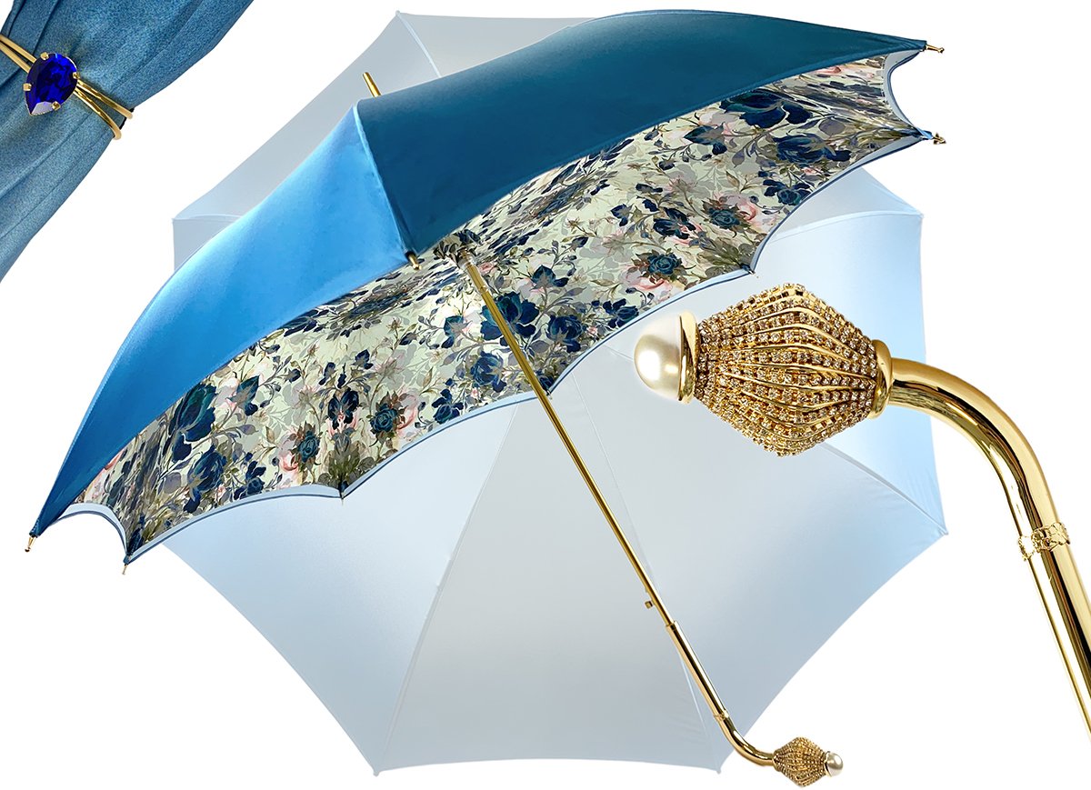 Light Blue Floral Umbrella with Double Layer Waterproof Fabric - Perfect for Rainy Days, Outdoor Weddings & Fashion Accessories