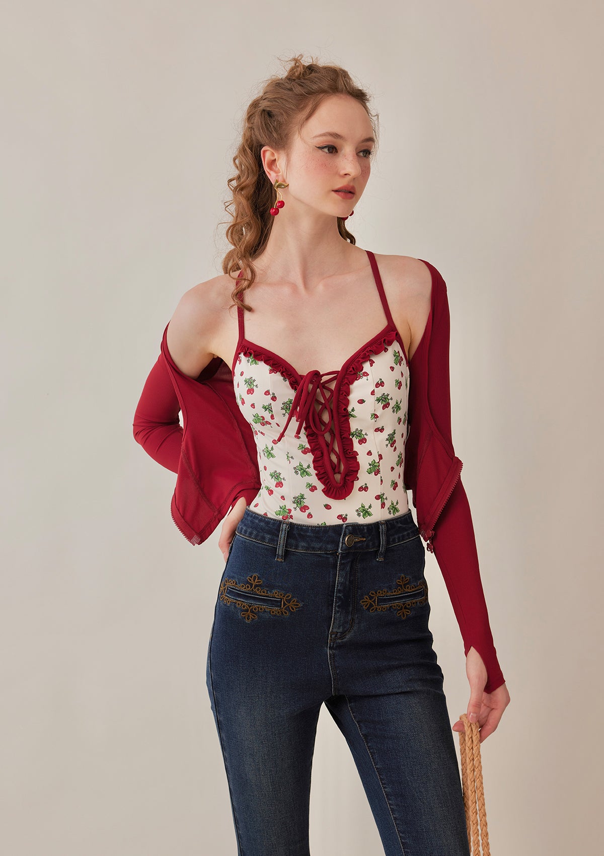 Vibrant Strawberry Print Bodysuit for Women - Soft Stretchy Comfort Fit - Perfect for Casual Wear, Loungewear & Layering