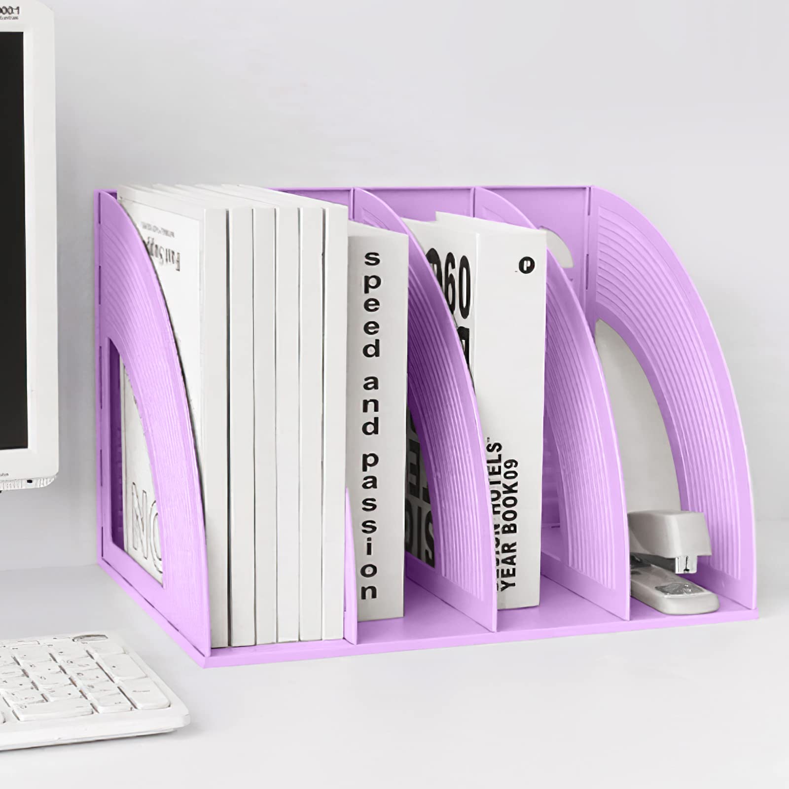 Marte Vanci Vertical Magazine File Holder - 4-Section PP Plastic Desktop Organizer for Books, Documents & Office Supplies - Sturdy Storage Folder (Purple) - Perfect for Home Office, School & Workspace Organization