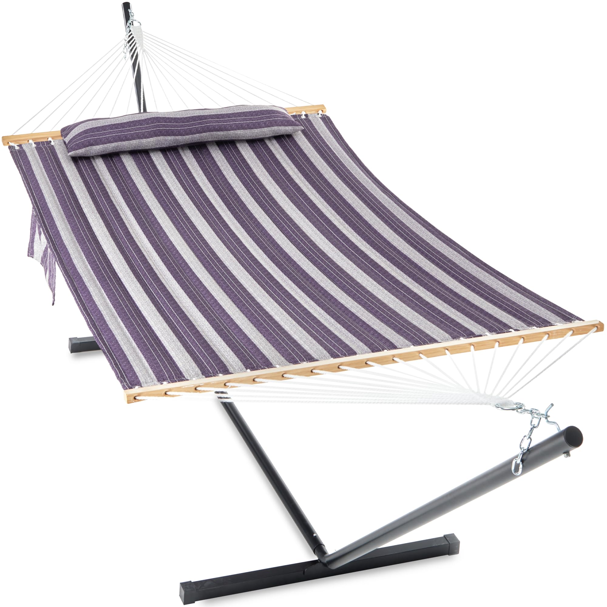 2 Person Hammock with Stand for Outdoor Camping & Backyard Relaxation - 12ft Heavy Duty Steel Frame, Double Hammock with Hardwood Spreader Bar, Large Removable Pillow & Side Pockets - Supports 475 lbs - Perfect for Patio, Garden, Beach & Camping Trips