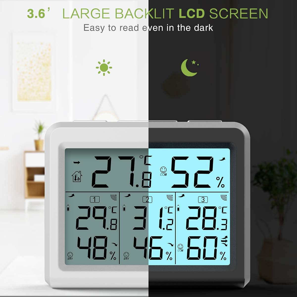 KeeKit Wireless Digital Hygrometer Thermometer with 3 Sensors - Indoor Outdoor Temperature Humidity Monitor with LCD Backlight, Min/Max Records - Perfect for Home, Office, Restaurant, Bar, Cafe, Greenhouse & Wine Cellar