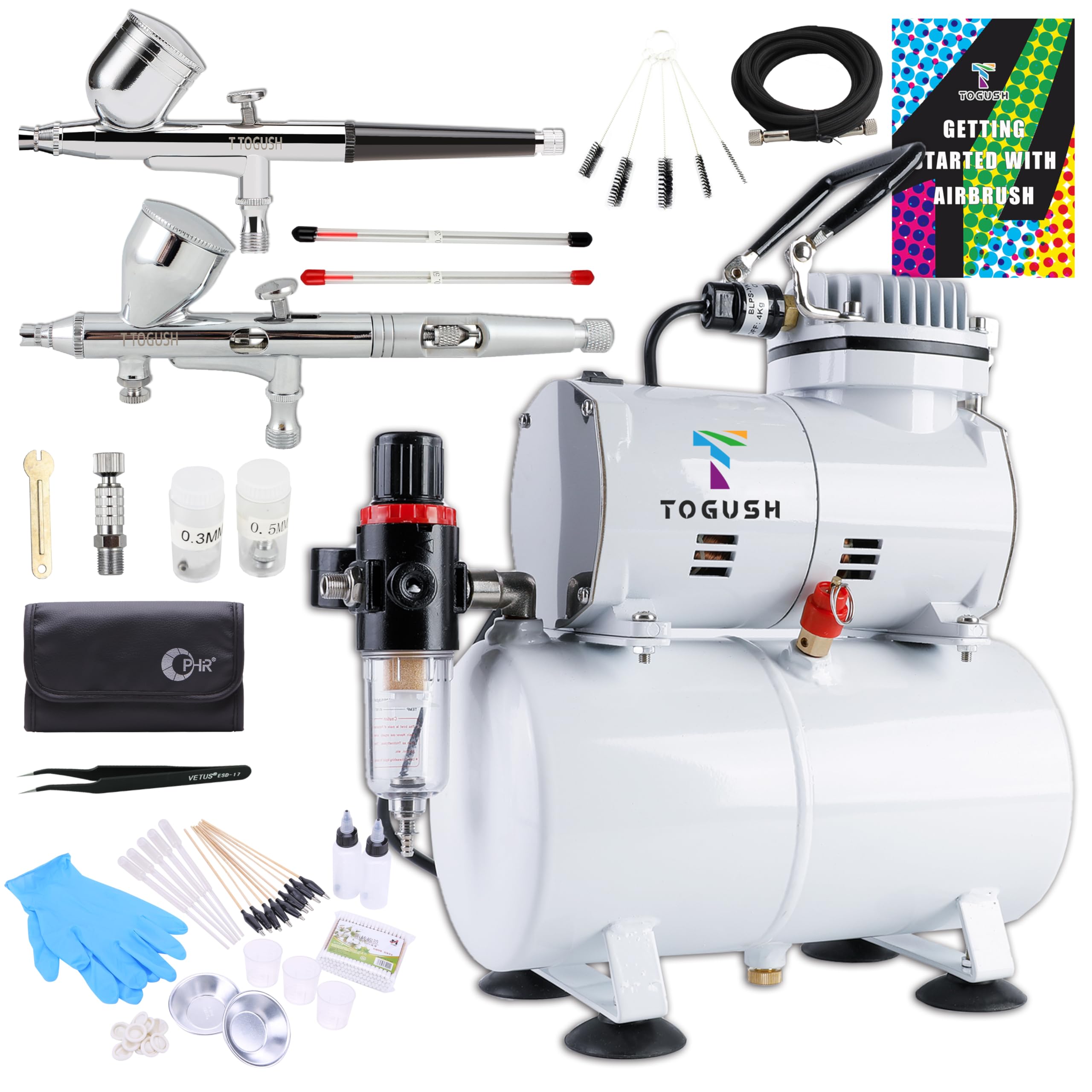 Professional Airbrush Kit with Air Tank Compressor - Dual-Action Gravity Feed Airbrush Set (0.2mm, 0.3mm, 0.5mm Nozzles) with Cleaning Brushes - Perfect for Model Painting, Hobby Crafts, Cake Decorating & Automotive Art