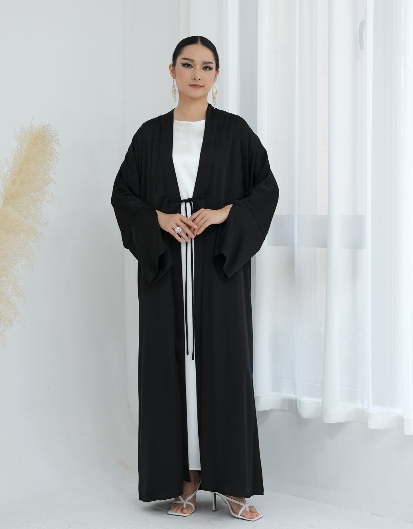 Lavinia Satin Open Abaya Dress for Women - Elegant Muslim Abaya Robe - Black Islamic Prayer Dress for Mosque, Eid & Special Occasions
