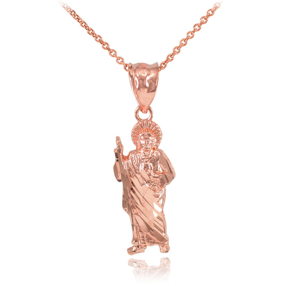 10K Rose Gold Saint Jude Charm Pendant Necklace for Women - Religious Jewelry Gift for Baptism, Confirmation & Protection - Dainty Chain Necklace for Everyday Wear