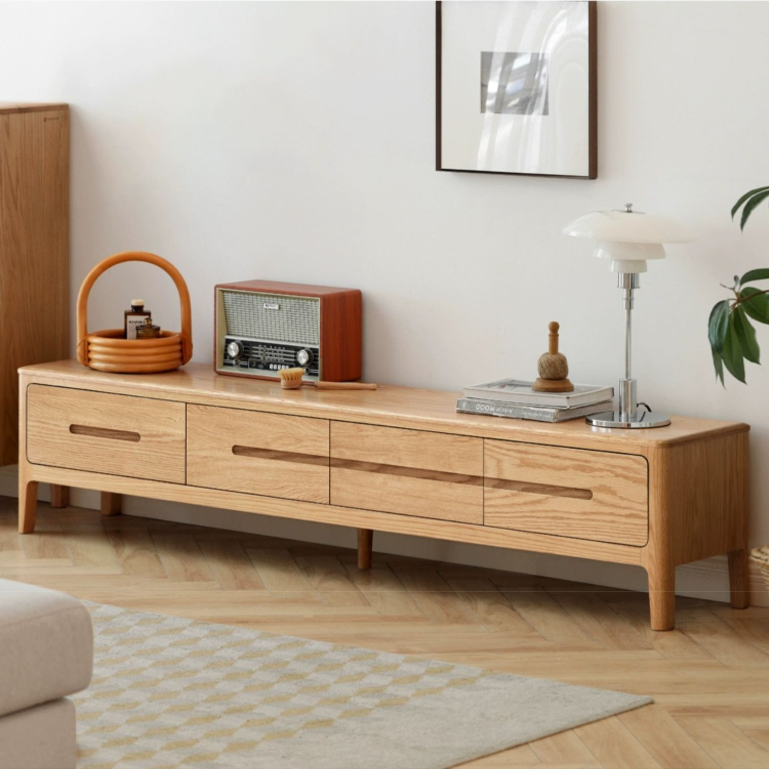 Solid Oak Wood TV Stand with 4 Drawers - Sturdy Media Console for Living Room, Bedroom & Home Theater Storage