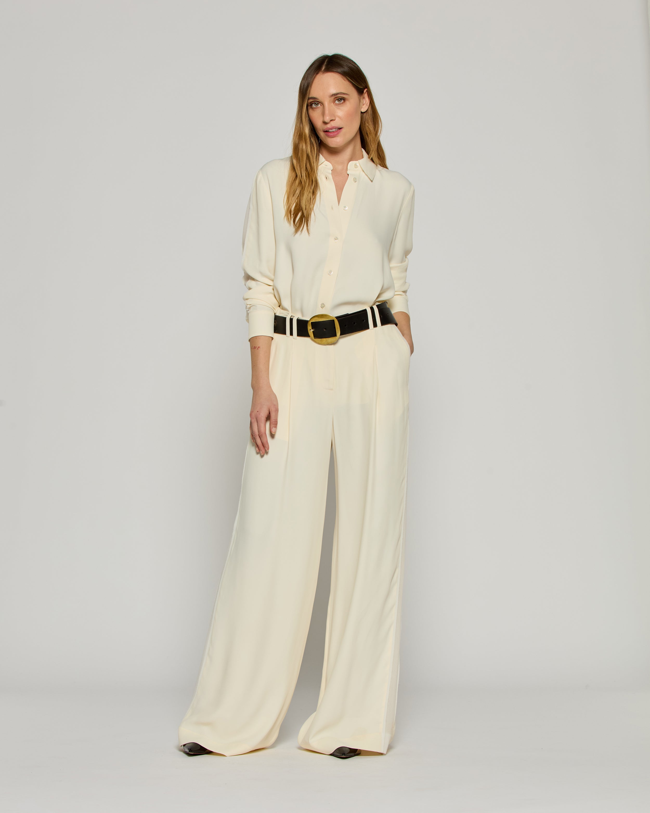 Serena Women's Dress Pants with Georgette Trim - Cream Color | Office Wear, Business Attire & Formal Occasions