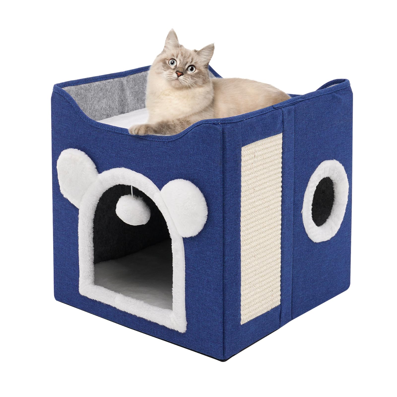 Premium Large Foldable Cat Bed for Indoor Cats - Soft & Cozy with Scratch Pad, Hanging Fluffy Ball & Mini Hole Cat Condo (Blue) - Perfect for Napping, Playtime & Relaxation in Living Rooms & Bedrooms