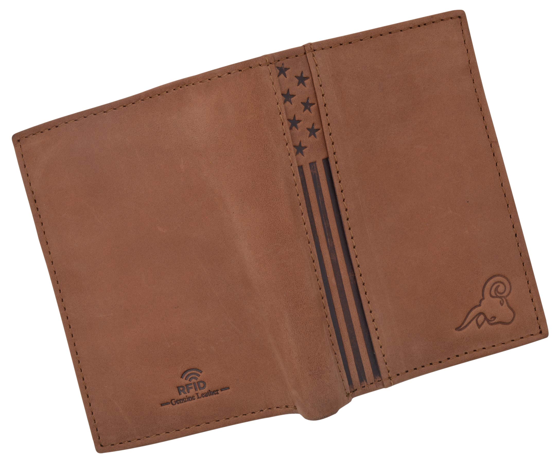 USA Stars & Stripes RFID Protected Mens Leather Bifold Wallet with 2 ID Windows & Divided Bill Compartment - Perfect for Everyday Use & Travel (Brown)