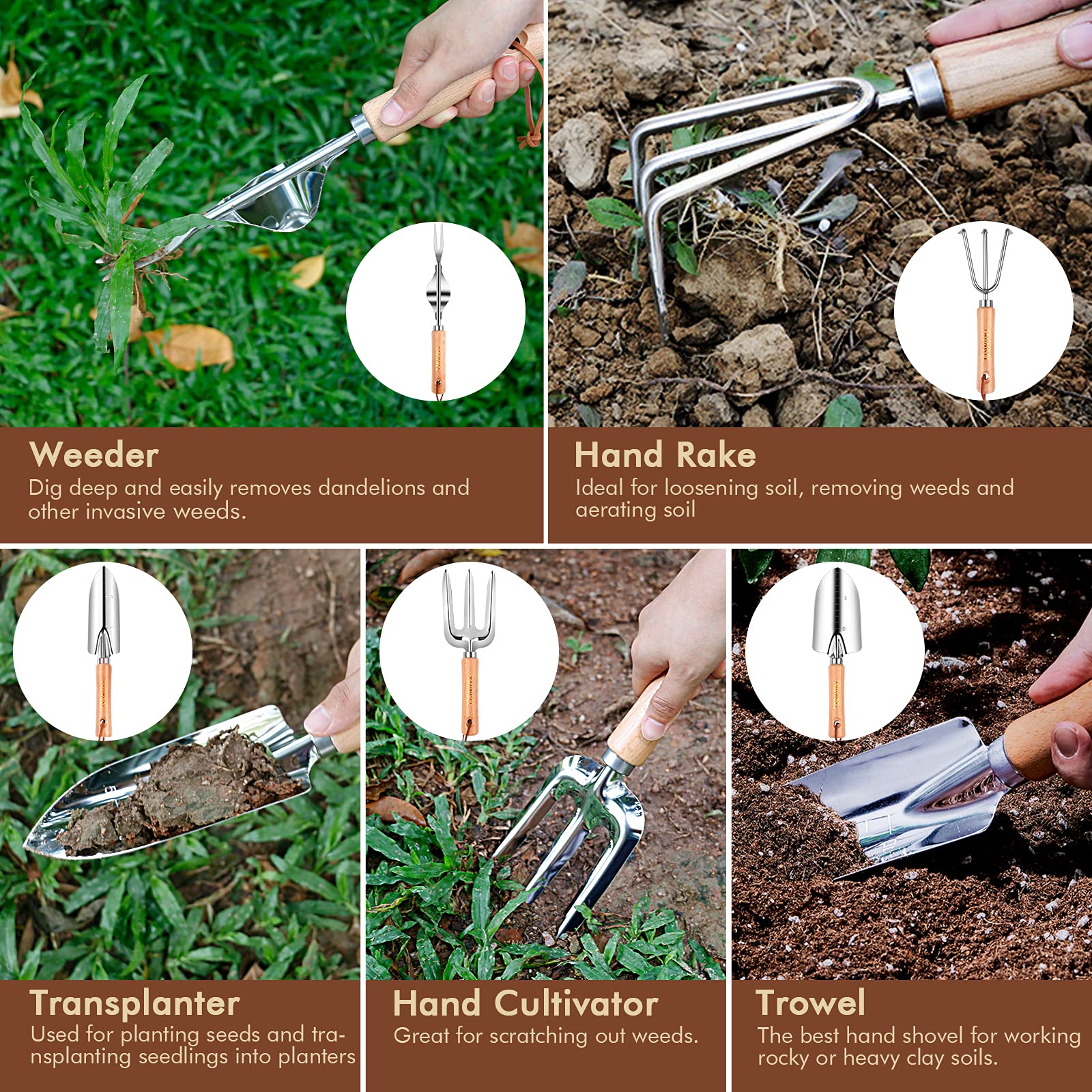 YAUNGEL 10-Piece Heavy Duty Stainless Steel Gardening Tool Set with Wooden Handle & Storage Tote Bag - Durable Garden Tools for Planting, Weeding, Digging - Perfect Gardening Gifts for Women & Men - Ideal for Backyard, Lawn Care & Outdoor Gardening Projects