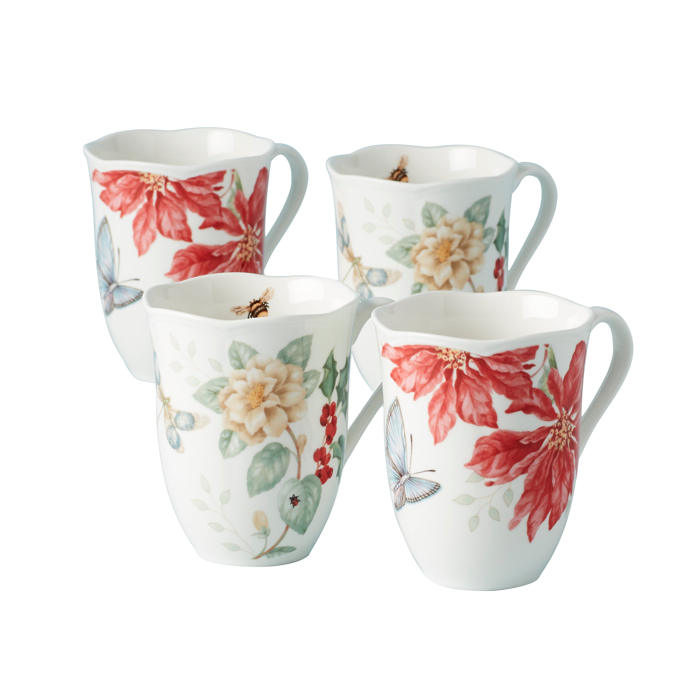 Butterfly Meadow Holiday Coffee Mugs Set of 4 - Ceramic Christmas Tea Cups for Hot Cocoa, Gift Giving & Cozy Winter Mornings