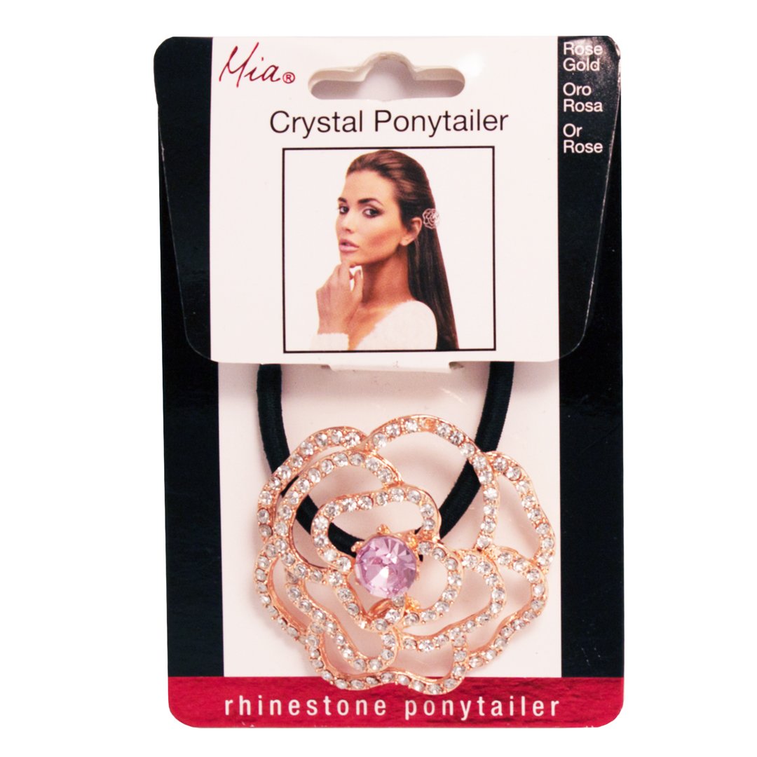Mia Crystal Ponytail Cuff Hair Clip - Rose Gold Metal Camellia Flower Hair Accessory with Sparkling Rhinestones for Women & Girls | Perfect for Weddings, Parties & Everyday Wear