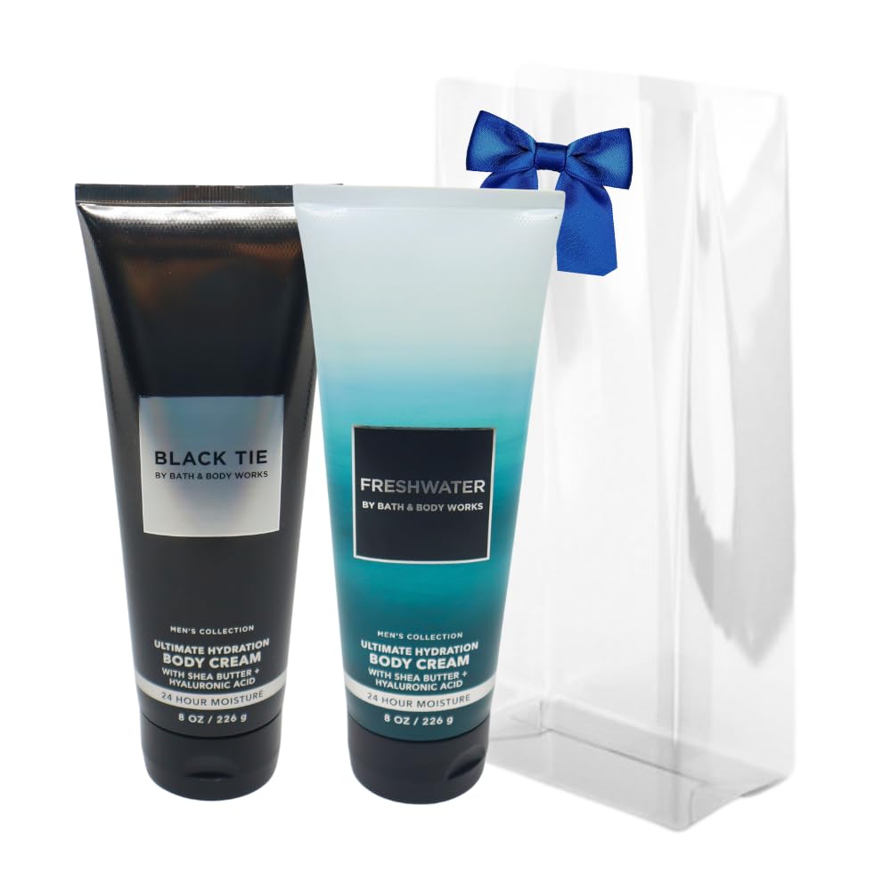 Bath & Body Works Men's Black Tie & Freshwater Hydrating Body Cream Gift Set - 2 x 8 oz Moisturizing Lotions with Blue Bow | Perfect for Holidays, Birthdays & Self-Care Routines