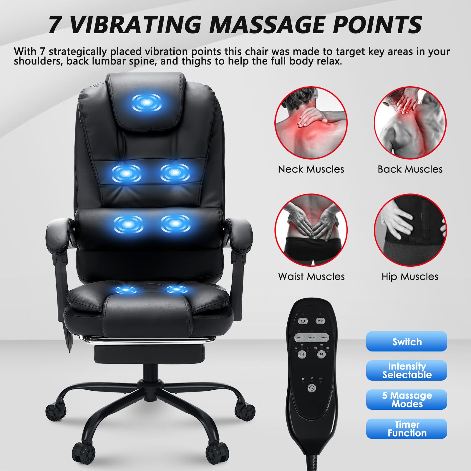 Premium Executive Office Chair with Massage & Reclining - Ergonomic High Back Computer Desk Chair with Adjustable Footrest - Soft Leather Home Office Chair (Black) - Perfect for Long Work Hours & Home Office Comfort