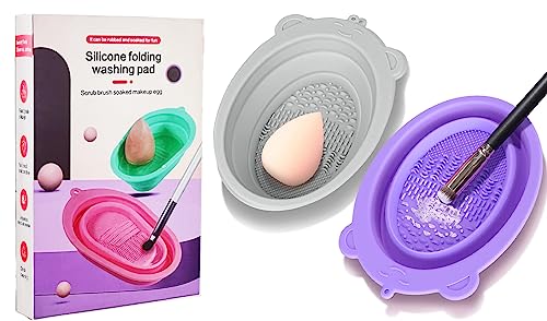 2Pcs Silicone Makeup Brush Cleaning Pad Set - Foldable Cosmetic Brush Cleaner Mat with 4 Textures for Sponge, Powder Puff & Color Removal | Portable Washing Tool for Travel & Home Makeup Station