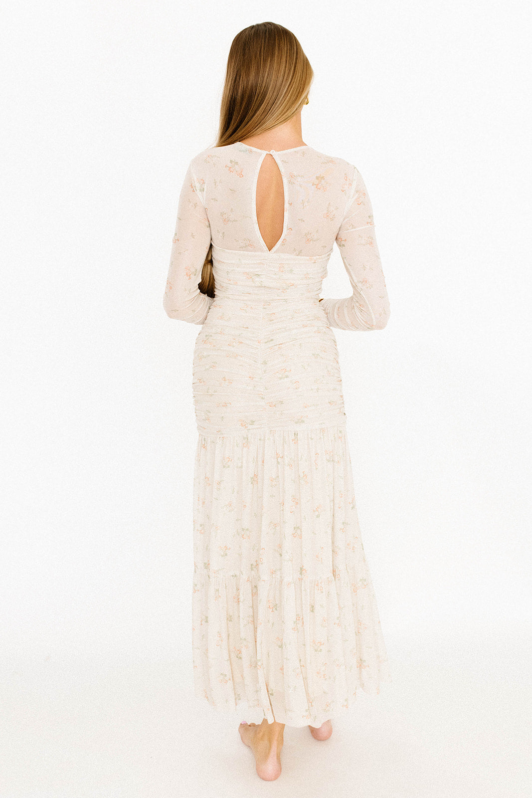 Camille Mesh Gathered Side Seam Maxi Dress in Nude Multi Floral - Bump Friendly Maternity Dress for Pregnancy, Nursing & Special Occasions | Perfect for Baby Showers, Weddings & Summer Vacations