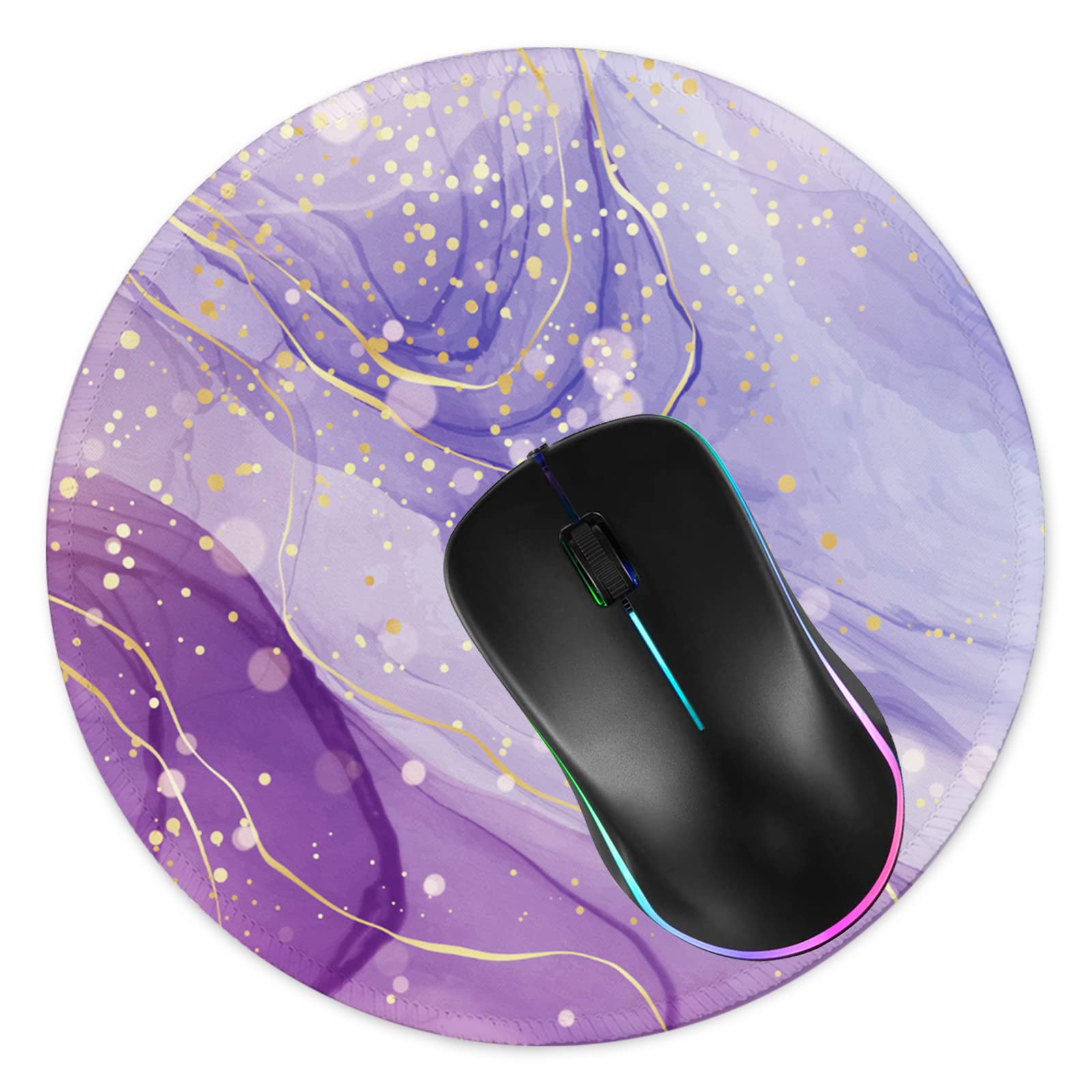 Premium Round Gaming Mouse Pad - Non-Slip Rubber Base with Stitched Edge (7.9x7.9 Inch) for PC, Laptop & Office - Marble Violet Golden Design - Perfect for Work, Gaming & Home Office Use