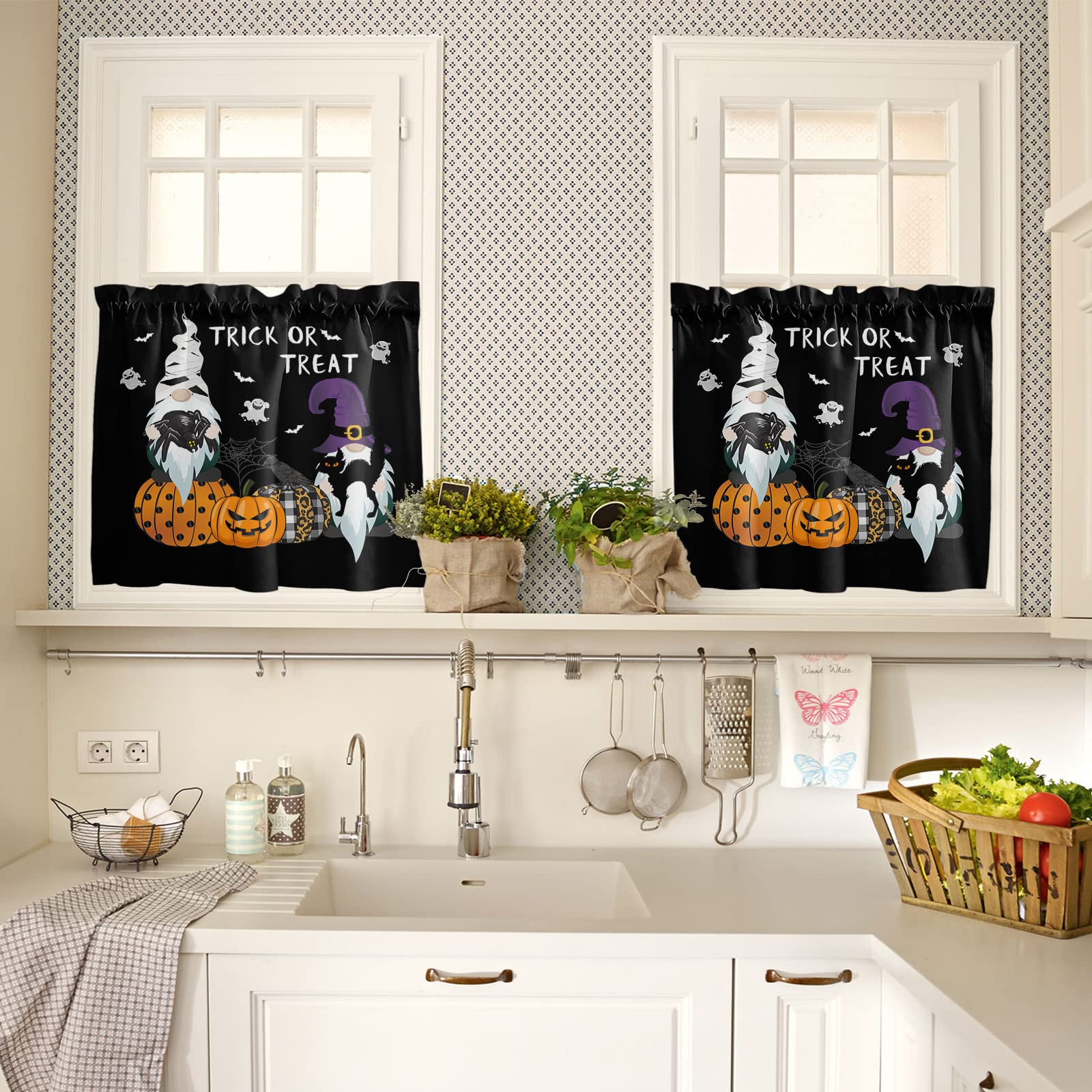 Black Halloween & Santa Pumpkin Print Tier Curtains for Kitchen, Bathroom, Living Room - 27.5x24 Inch Rod Pocket Privacy Drapes (2 Panels) - Perfect for Small Windows, Half Window Treatments & Cafe Style Decor