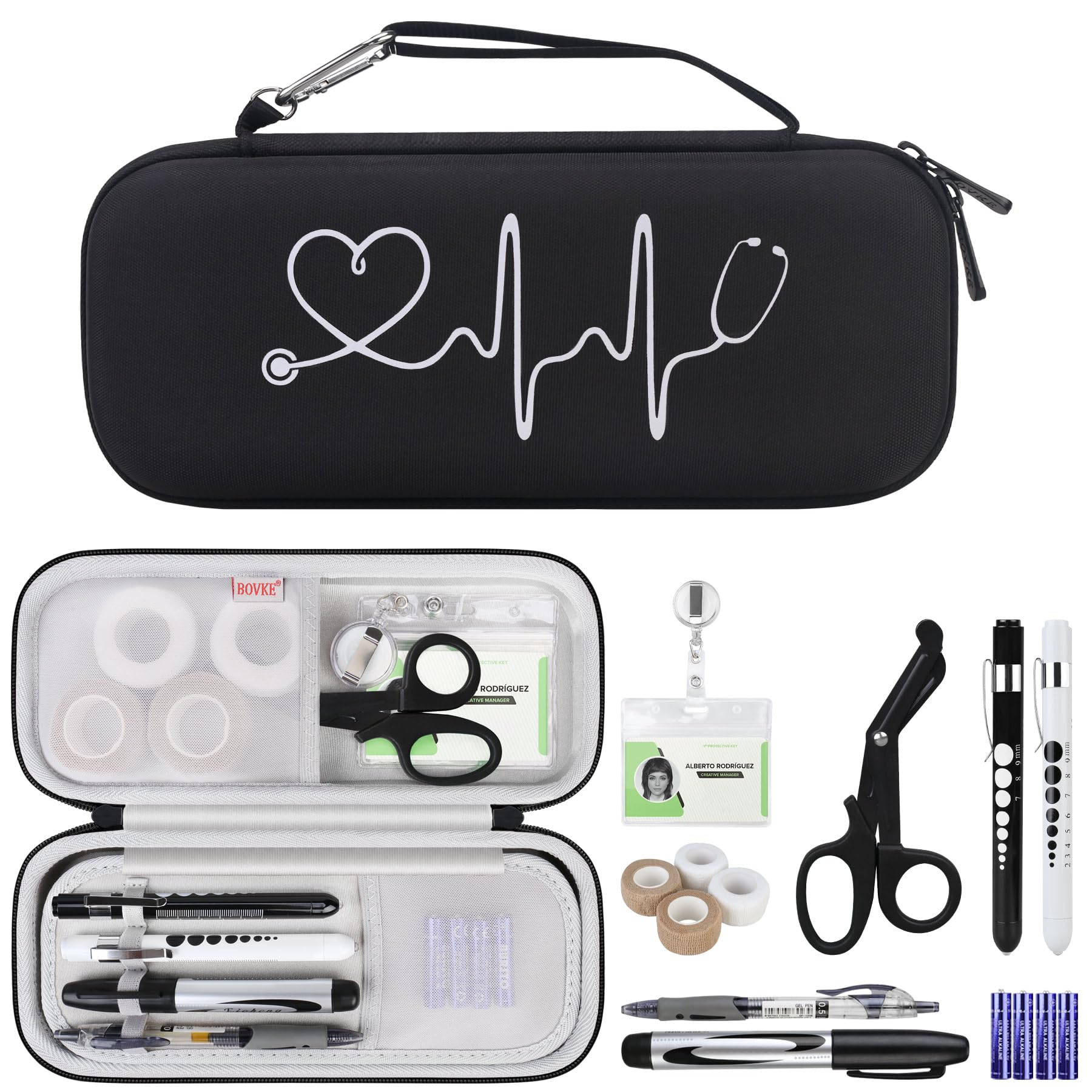 BOVKE 15-Piece Nurse Stethoscope Case Kit - Medical Scissor, Bandage Wraps, 2 Penlights with Batteries, Bandage Holder - Perfect Nursing Gift for Students & Professionals (Black) | Great for Clinical Rotations, Hospital Shifts & Medical Training