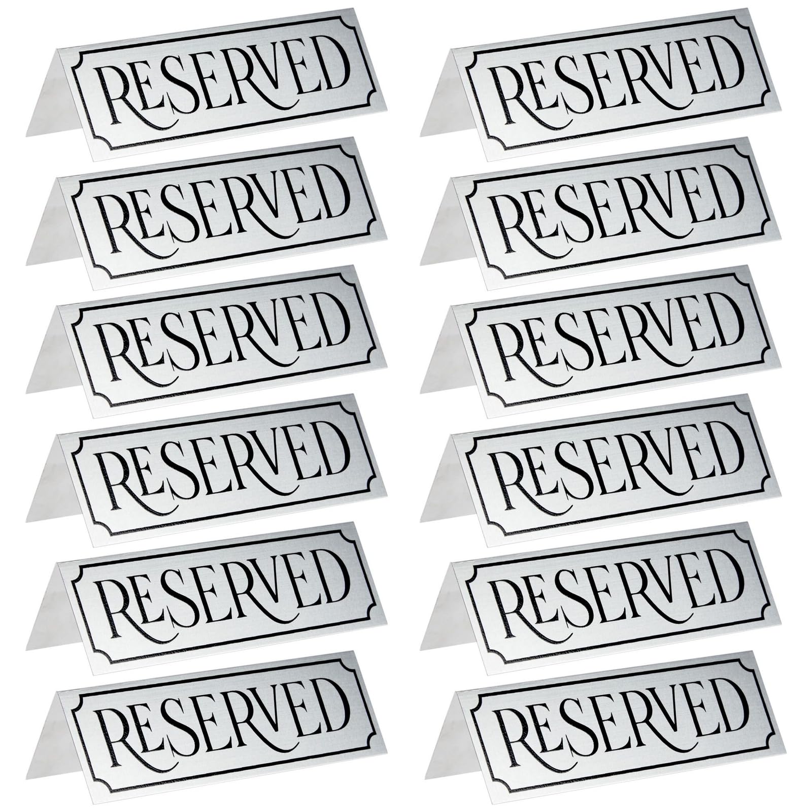 12-Pack Small Metal Reserved Table Signs for Wedding, Restaurant, Seating Reservation, Party Tables - Etched Silver Design (4.7x1.5 in) - Perfect for Events, Banquets, and Special Occasions