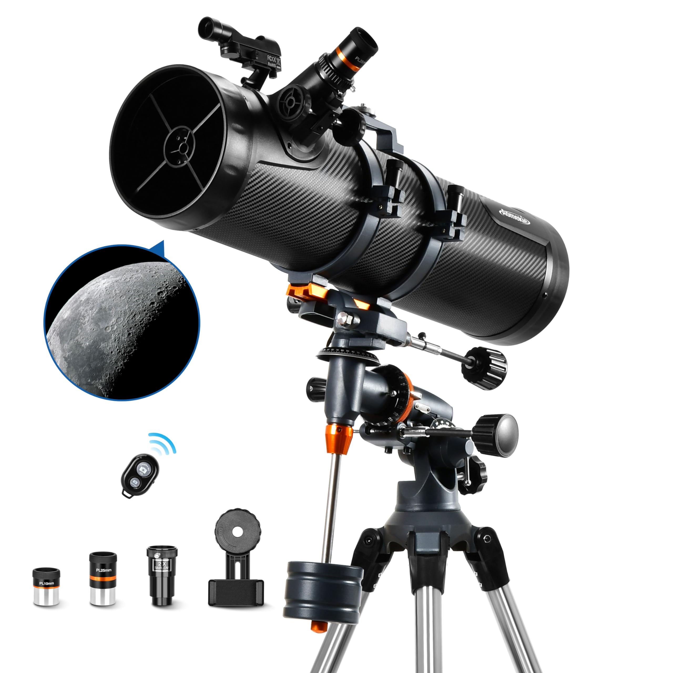 Professional 130EQ Newtonian Reflector Telescope for Adults & Astronomy Beginners - Includes 2 Plossl Eyepieces, Bluetooth Controller, Phone Adapter & Finderscope - Perfect for Stargazing, Moon Observation & Astrophotography