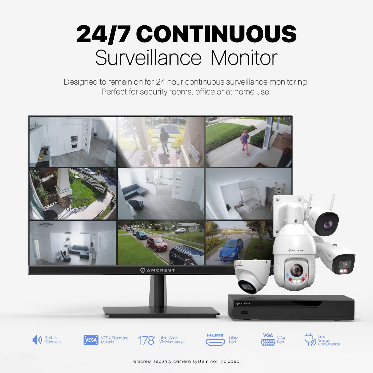 Amcrest 24 Inch 1080p FHD 60Hz Surveillance Monitor with HDMI & VGA, Micro Bezel Design, Built-in Dual Speakers - Ideal for Home Office Security, NVR/DVR Monitoring, and 24/7 Video Surveillance (AM-LM24)