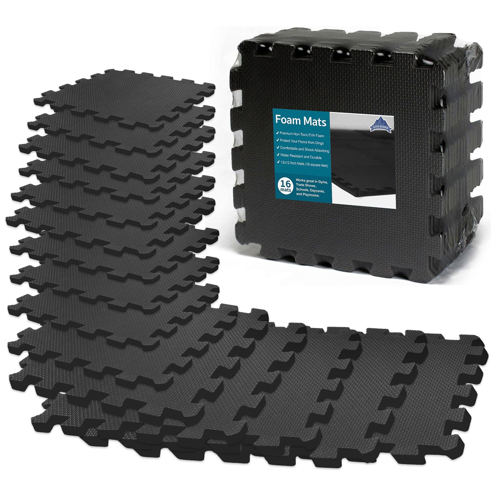 16-Piece Interlocking Gym Foam Floor Tiles - 16 Sqft Non-Slip Exercise Mat for Home Gym, Weightlifting, Yoga & Garage Workouts - Shock Absorbing & Durable (Black) - Perfect for Home Fitness, Kids Play Area & Garage Floor Protection