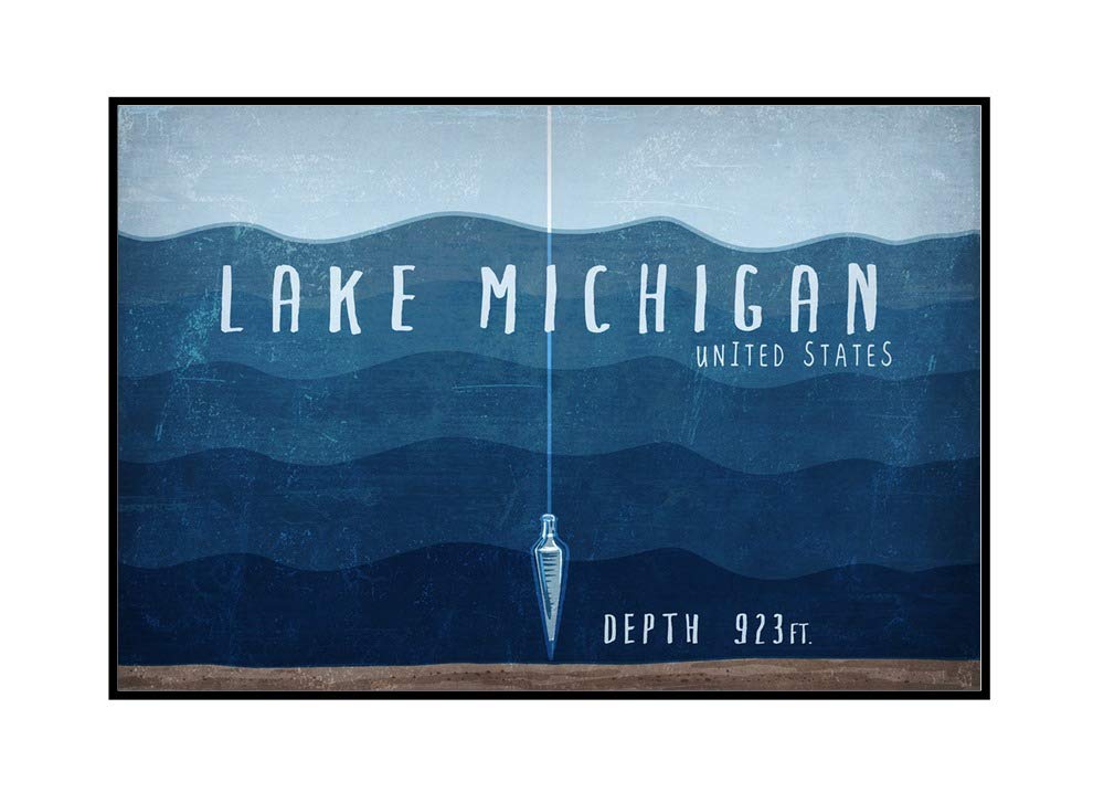 Lake Michigan Depth Map Art - 36x24 Framed Gallery Wrapped Canvas Wall Decor - United States Great Lakes Essentials - Perfect for Home, Office or Cabin Decor