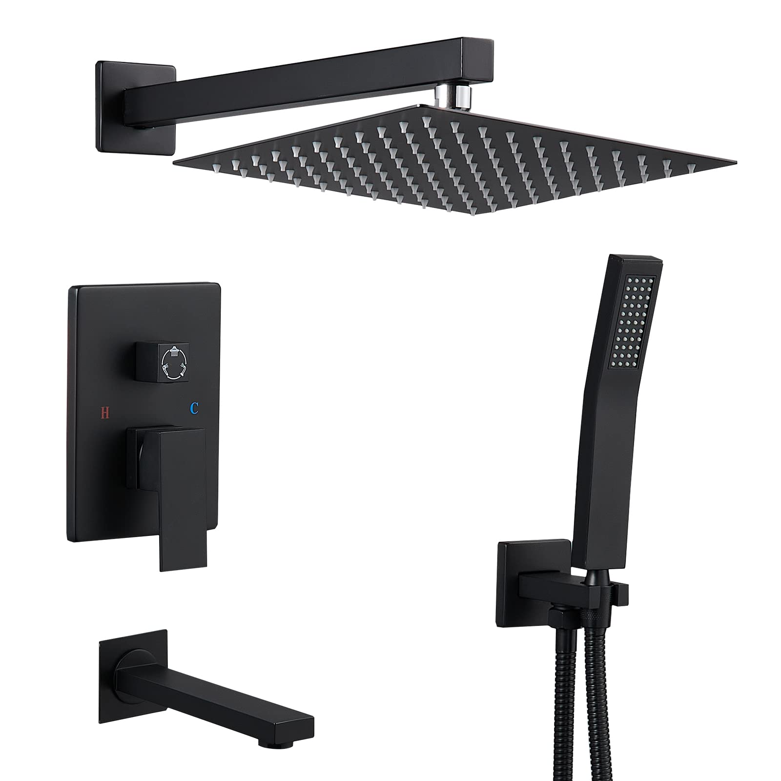 ROVOGO All-Metal Bathtub Shower Faucet Set with 10-Inch Square Rain Shower Head & Handheld Sprayer - Black Complete Shower System (Includes Valve & Trim Kit) for Bathroom Remodel & Spa-Like Experience