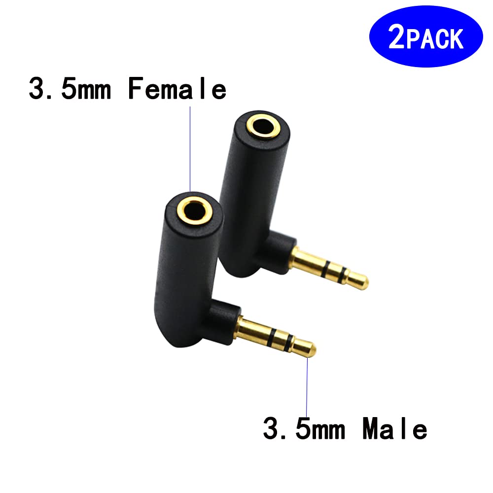 3.5mm Right Angle Male to Female Audio Adapter - Gold Plated TRS Stereo AUX Connector (2 Pack) - Compatible with Headphones, Tablets, MP3 Players & Speakers - Perfect for Tight Spaces & Cable Management