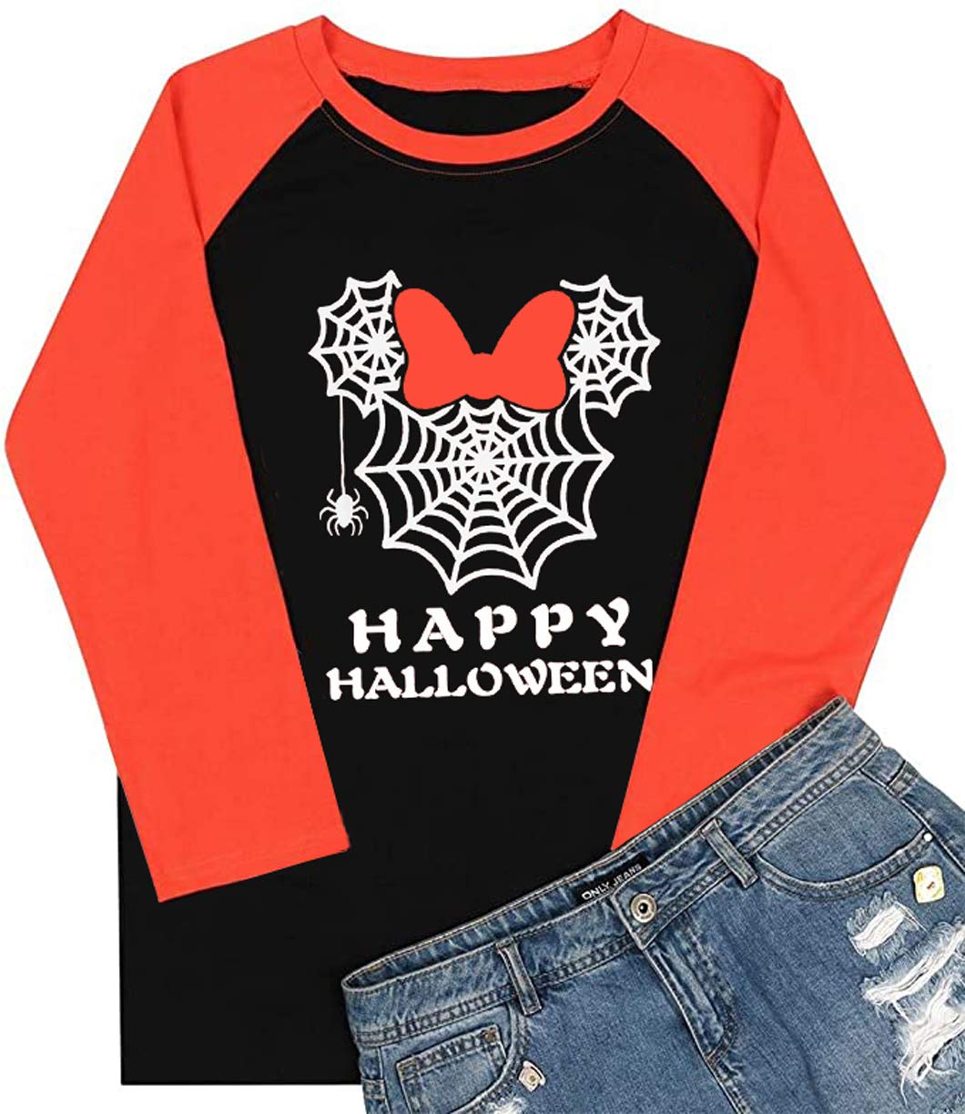 Funny Halloween Spider Web Graphic Long Sleeve Baseball Shirt for Women - Cute Fall Tops for Costume Parties & Pumpkin Patch Outings